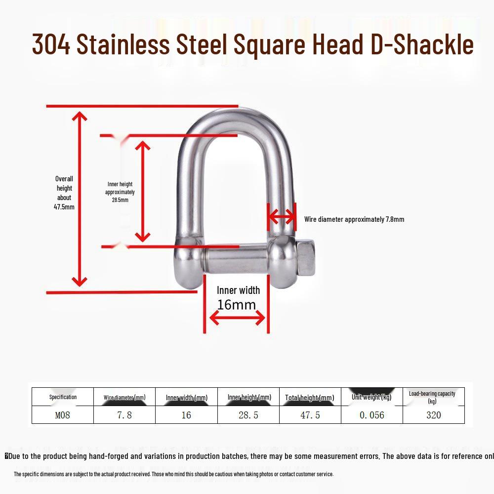 304 Stainless Steel D-Type Square Head Marine Lifting Shackle for Wire Rope Connection
304 Stainless Steel D-Type Square Head Marine Lifting Shackle for Wire Rope Connection