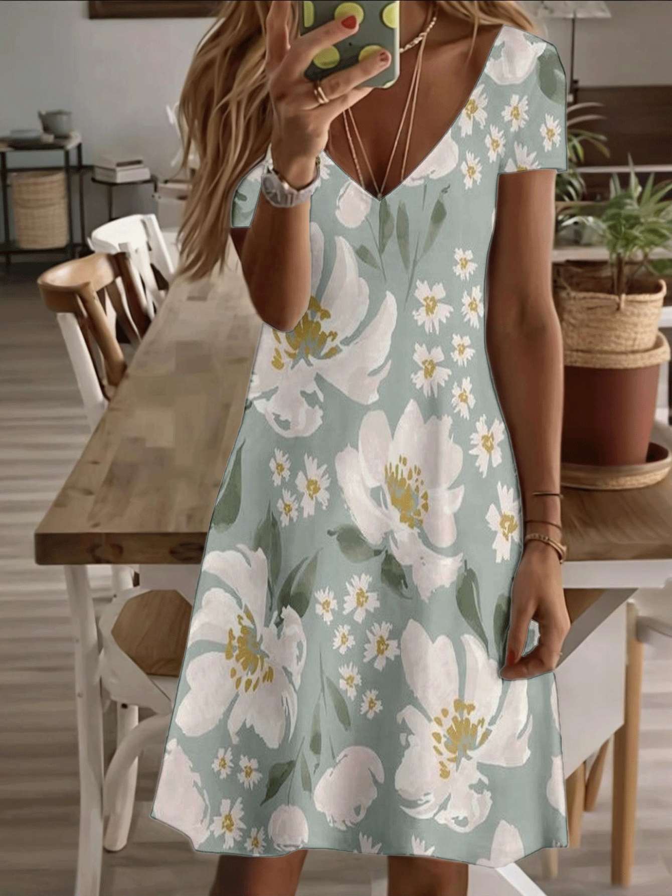 Vneck shortsleeve midi dress floral women’s dress white peony and daisy print pattern 3D premium printing durable casual fashion elegant summer outfit XS
Vneck shortsleeve midi dress floral women’s dress white peony and daisy print pattern 3D premium printing durable casual fashion elegant summer outfit XS