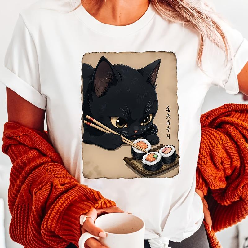 Cat Eats Sushi Print Short-sleeved Round Neck T-shirt, Spring and Summer Casual Top, Women s Clothing S
Cat Eats Sushi Print Short-sleeved Round Neck T-shirt, Spring and Summer Casual Top, Women s Clothing S