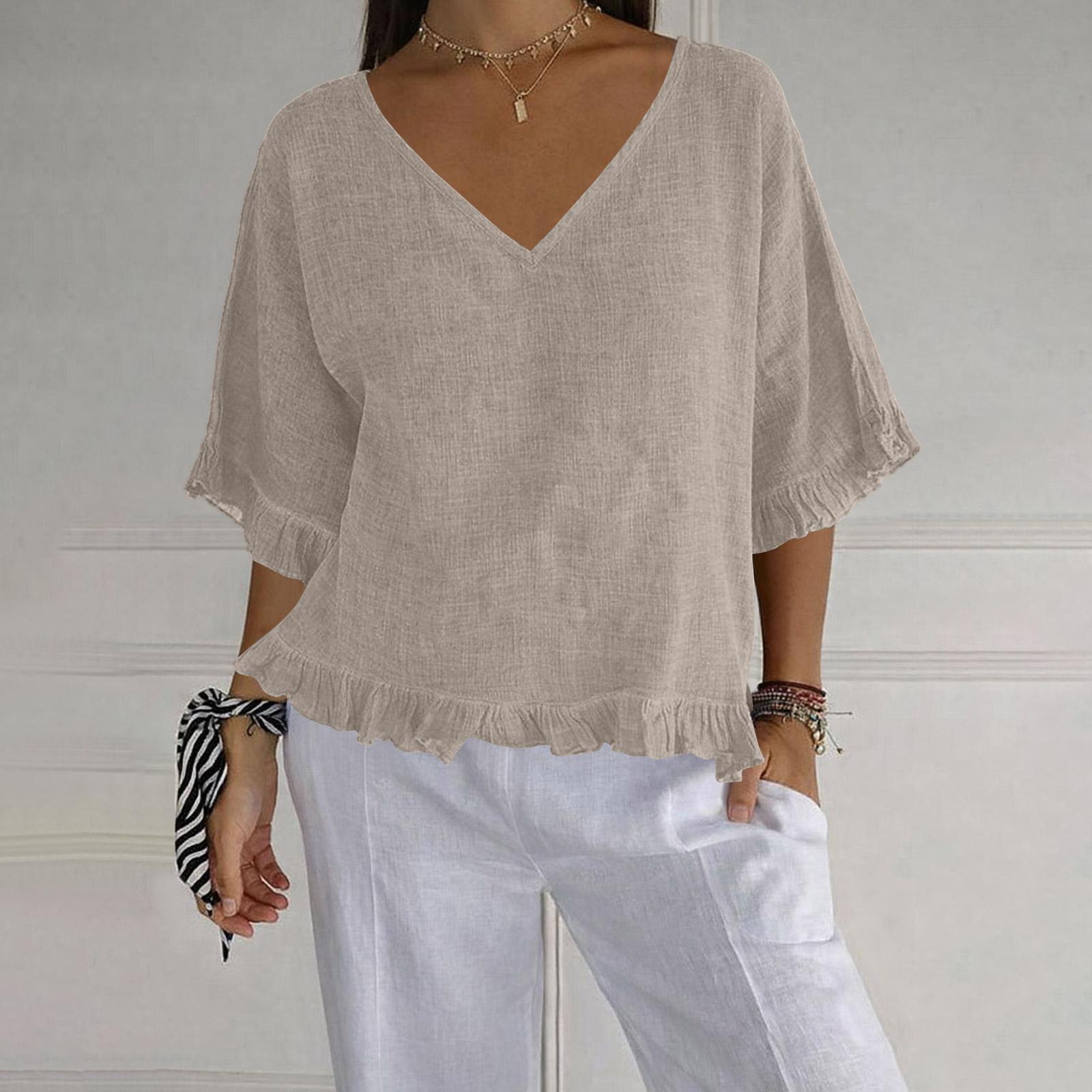 Women’s V Neck Ruffle Hem Blouse Loose Fit Three Quarter Sleeve Lightweight Pullover Top Casual Style L бежевый
Women’s V Neck Ruffle Hem Blouse Loose Fit Three Quarter Sleeve Lightweight Pullover Top Casual Style L бежевый