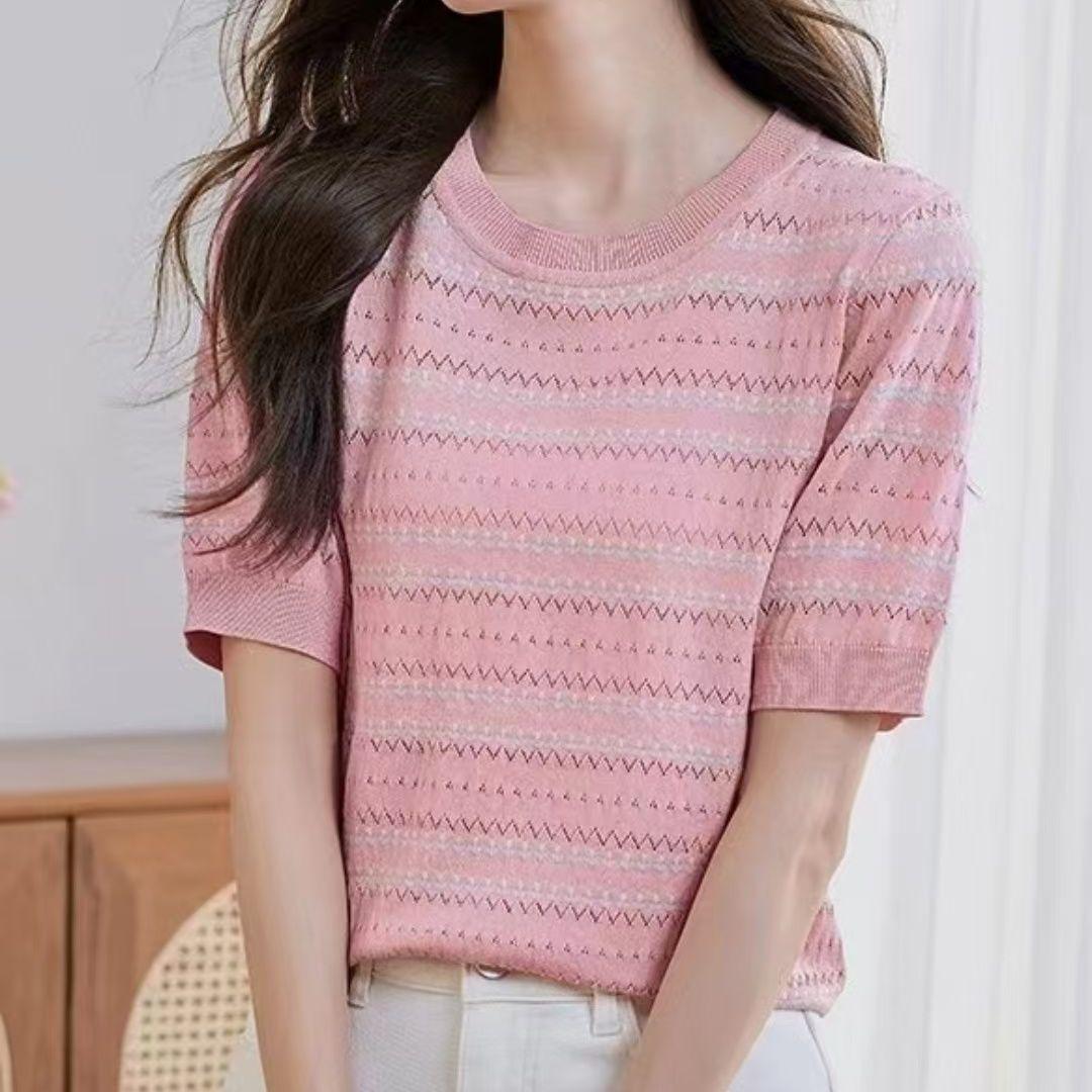 Полые полосатые Ice Silk короткие рукава трикотажная женская футболка летний новый универсальный круглый вырез горловины 2XL розовый
Полые полосатые Ice Silk короткие рукава трикотажная женская футболка летний новый универсальный круглый вырез горловины 2XL розовый