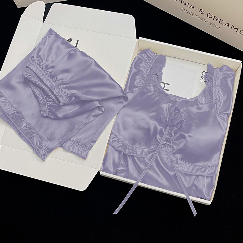 Женская ночная сорочка с короткими рукавами, летняя из ледяного шелка, кружевная, в стиле принцессы, тонкая пижама, комплект из двух предметов, женская M