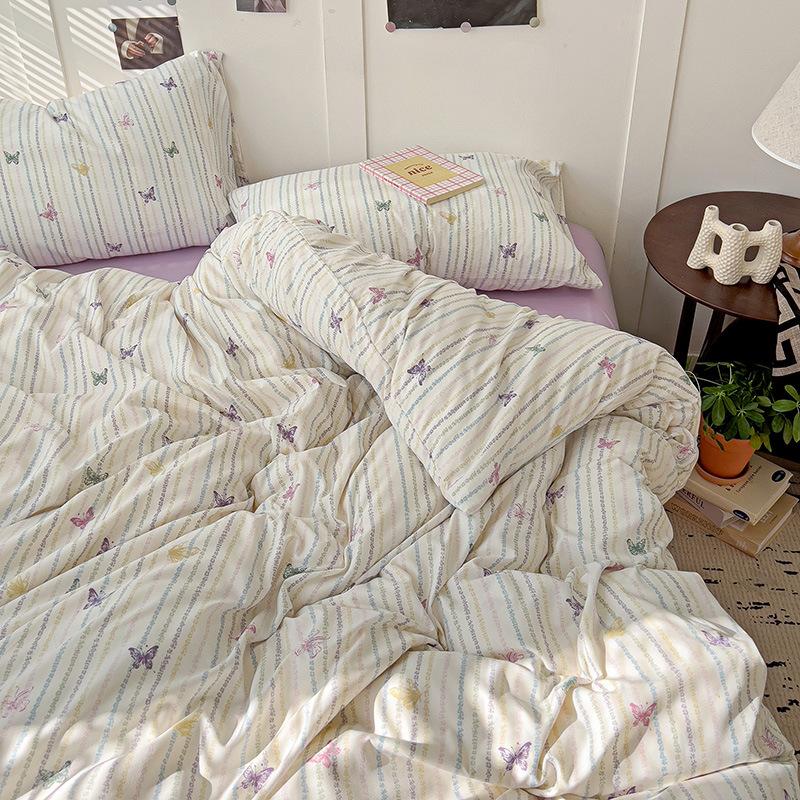 Четырехпредметный комплект постельного белья из двойной пряжи с цветочным принтом, приятный к коже, дышащий: простыня, пододеяльник, наволочки 2.0m bed