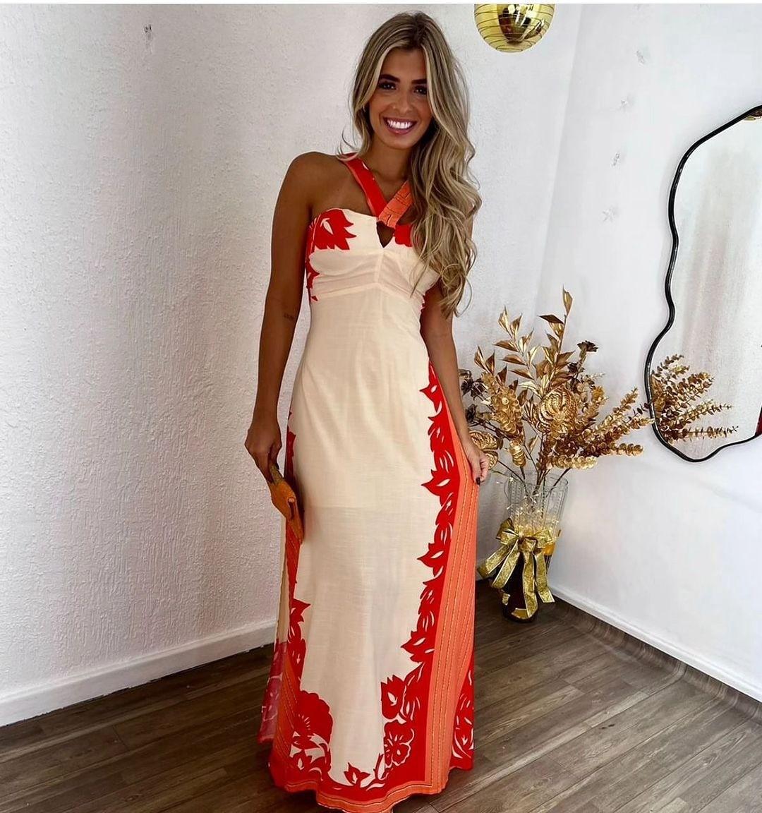 Summer New European And American Neck Sexy Color Matching Fashion Vacation Beach Long Print Dress Women S Clothing S красный
Summer New European And American Neck Sexy Color Matching Fashion Vacation Beach Long Print Dress Women S Clothing S красный