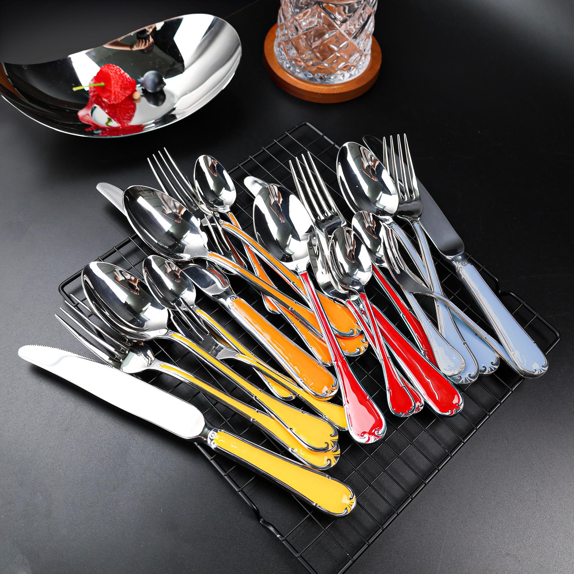 Enamel color Western food 304 stainless steel tableware set Stainless steel knife, fork and spoon five-piece set Steak knife and fork Tea spoon Tea spoon
Enamel color Western food 304 stainless steel tableware set Stainless steel knife, fork and spoon five-piece set Steak knife and fork Tea spoon Tea spoon