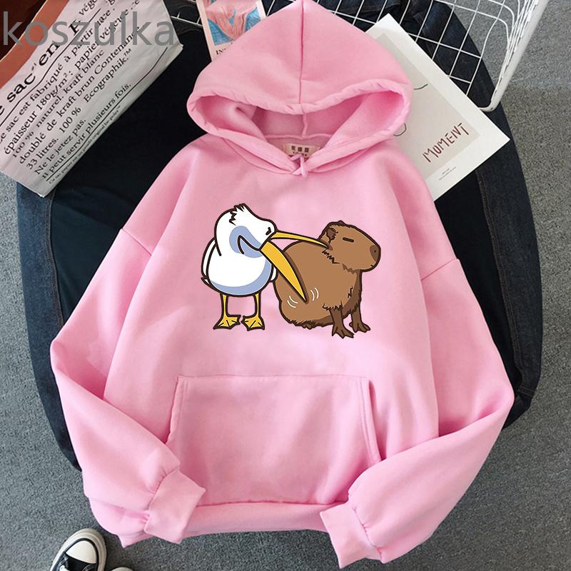 Kawaii Cartoon Capybara Print Women Hoodies Casual Long Sleeve Plus Size Толстовки Harajuku Female Осень Зима Теплый Пуловер L