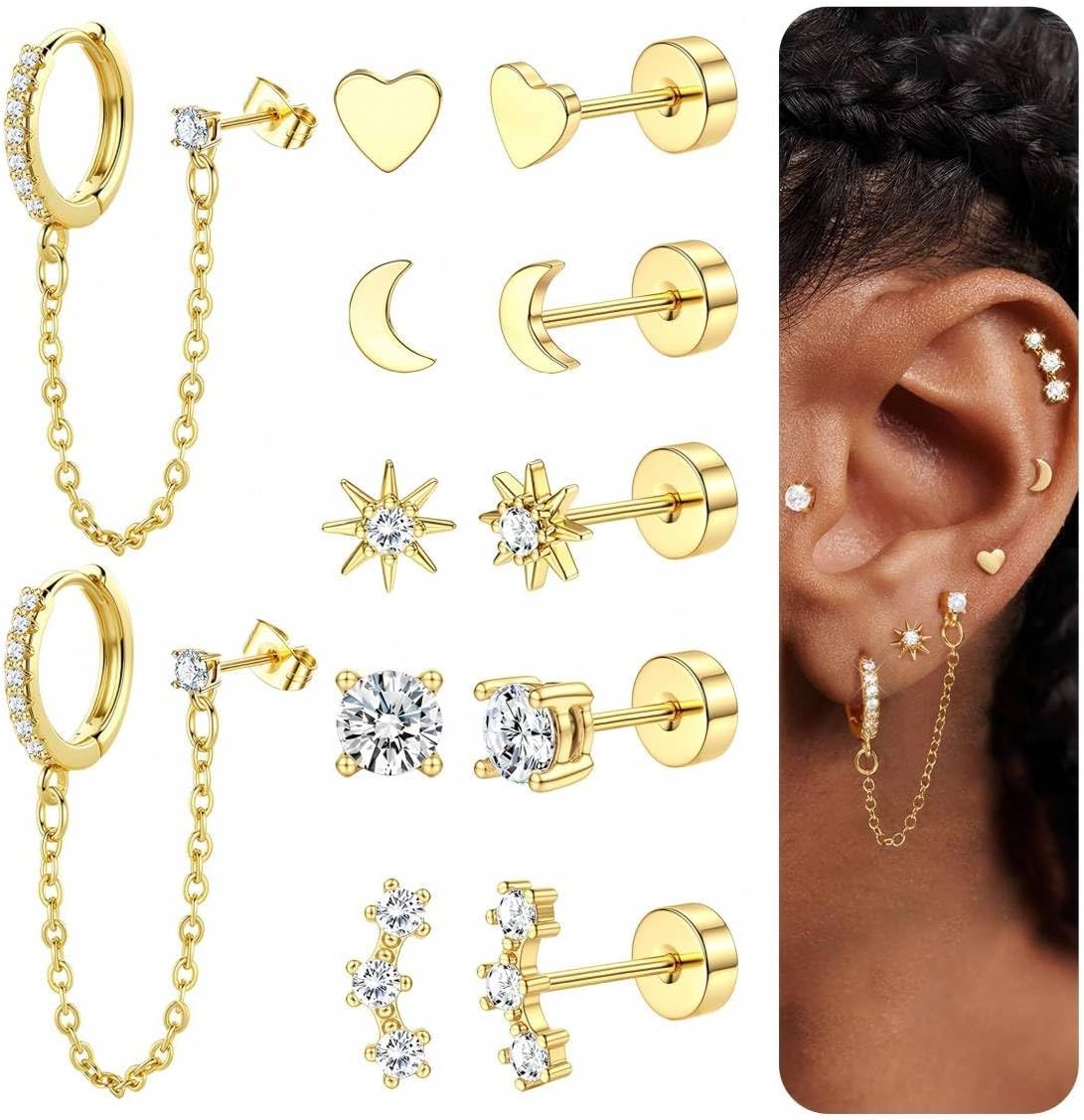 Bobisty 6 Pairs 14K Gold Plated Flat Back studs Earrings for Women Men Hoop Earrings Stacks Cartilage Piercing Jewelry
Bobisty 6 Pairs 14K Gold Plated Flat Back studs Earrings for Women Men Hoop Earrings Stacks Cartilage Piercing Jewelry