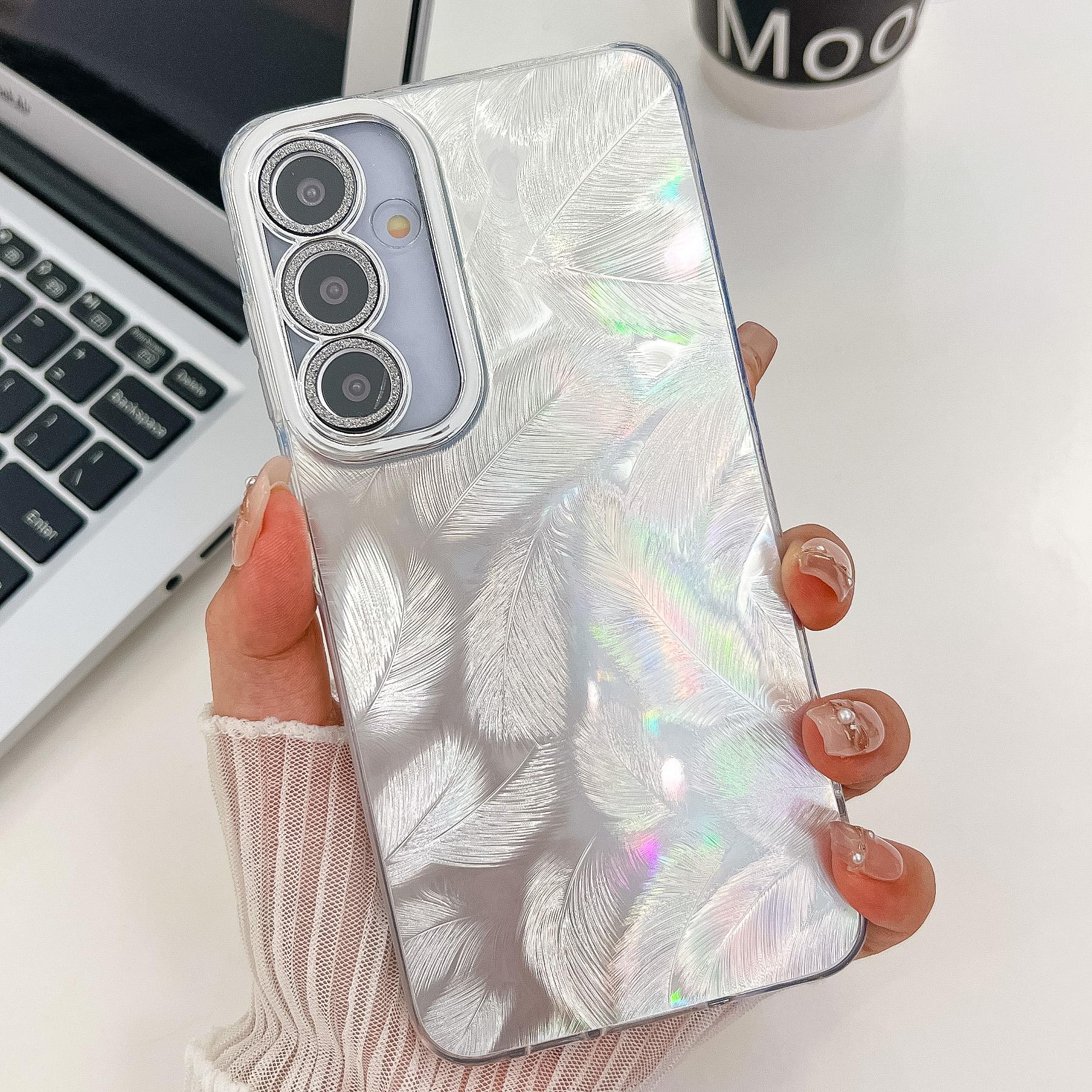 For Samsung Galaxy A16 4G/5G Case IMD Design Shockproof PC+TPU Phone Cover with Glass Lens Film Feather Yarn Pattern/Silver
For Samsung Galaxy A16 4G/5G Case IMD Design Shockproof PC+TPU Phone Cover with Glass Lens Film Feather Yarn Pattern/Silver