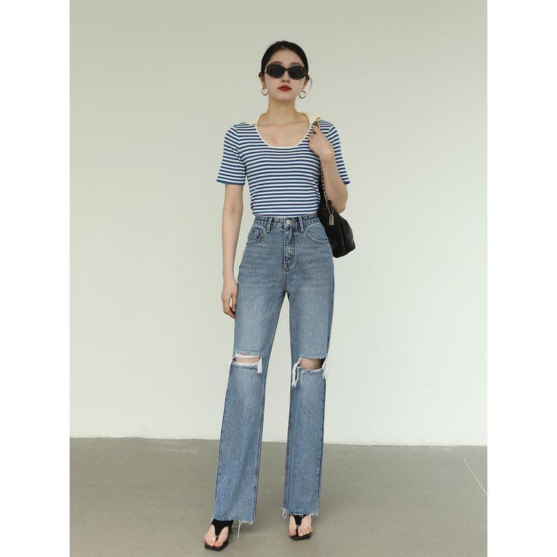 Niche American Style High Waist Extra Long Narrow Version Light-Colored Jeans Retro Blue/Hole 1871 28
Niche American Style High Waist Extra Long Narrow Version Light-Colored Jeans Retro Blue/Hole 1871 28