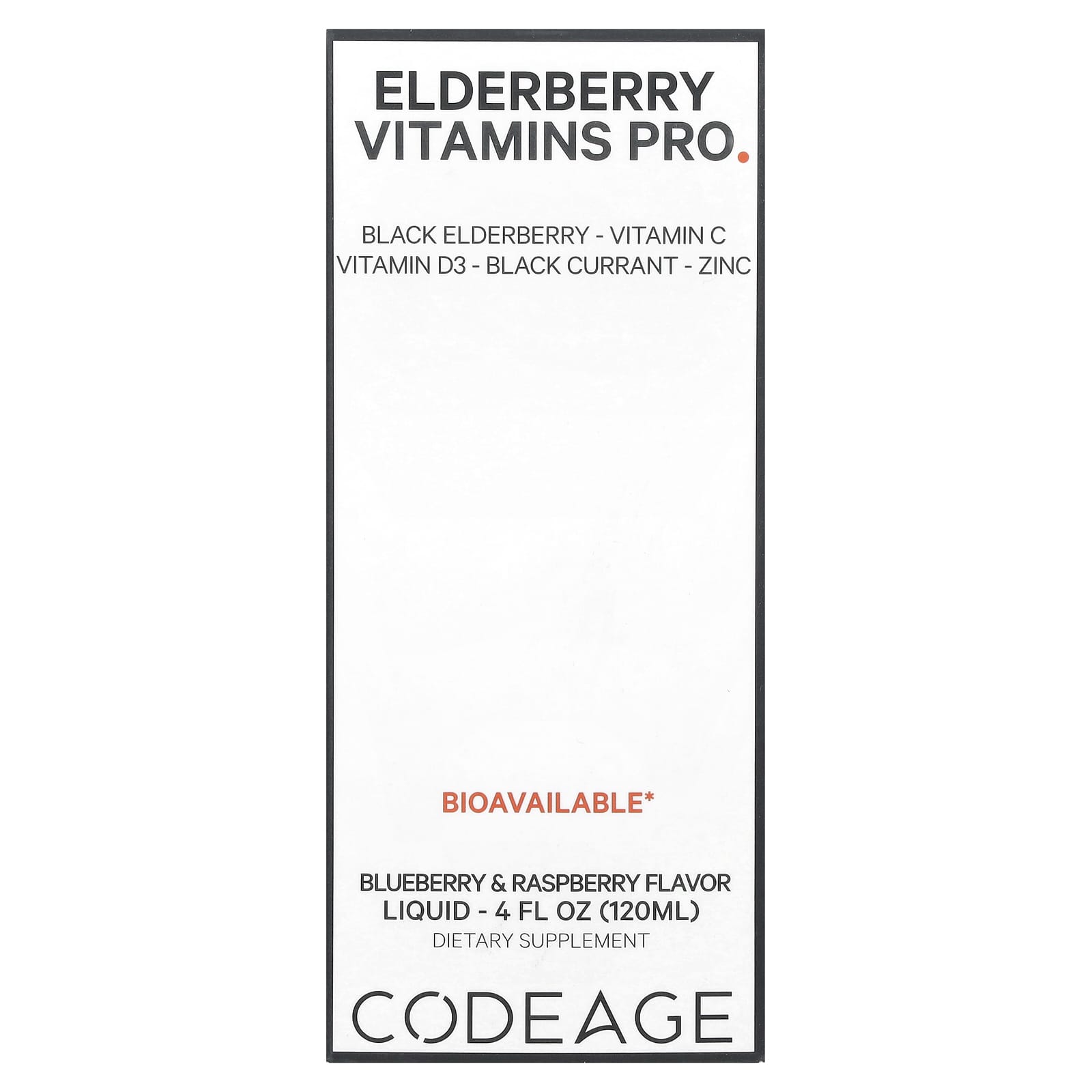 Codeage, Vitamins, Elderberry+ Immune Complex, Blueberry and Raspberry, 4 fl oz (120 ml)
Codeage, Vitamins, Elderberry+ Immune Complex, Blueberry and Raspberry, 4 fl oz (120 ml)