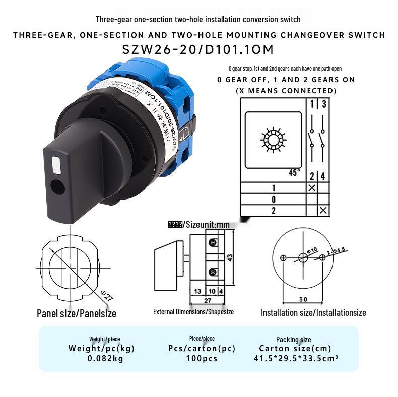 Zhuochao Three-Speed Universal Rotary Switch, Model SZW26-20/D101.1OM, One-Section, Two-Hole Mounting
Zhuochao Three-Speed Universal Rotary Switch, Model SZW26-20/D101.1OM, One-Section, Two-Hole Mounting