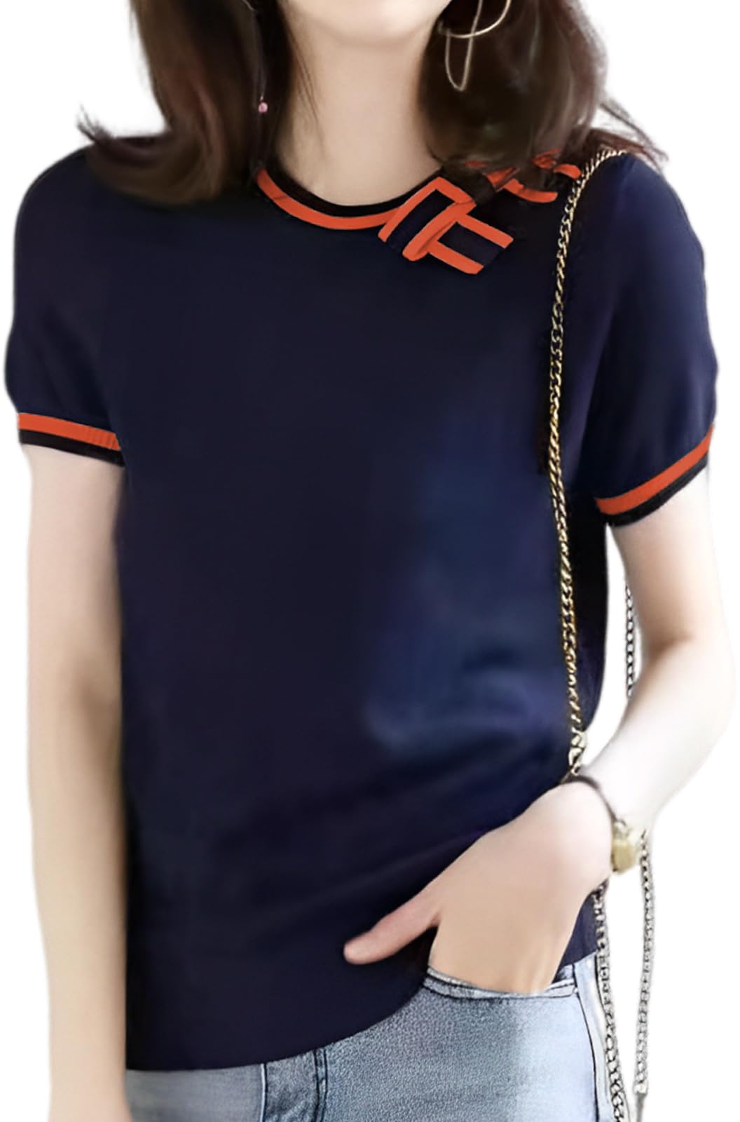 Вязаный Крой и Шитье Лента на Шее Однотонный Элегантный Деловой Весна Лето Летние Вязаные Топы Свободного Кроя Тонкий Офисный Повседневный Взрослый Чистый Офисный Повседневный Стильный