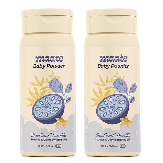 Maate Baby Powder (Pack of 2 * 100 gm) | 100% Natural & Talc Free | Ayurvedic Herbs Bael, Darbha & Rose Petals | For Kids
Maate Baby Powder (Pack of 2 * 100 gm) | 100% Natural & Talc Free | Ayurvedic Herbs Bael, Darbha & Rose Petals | For Kids