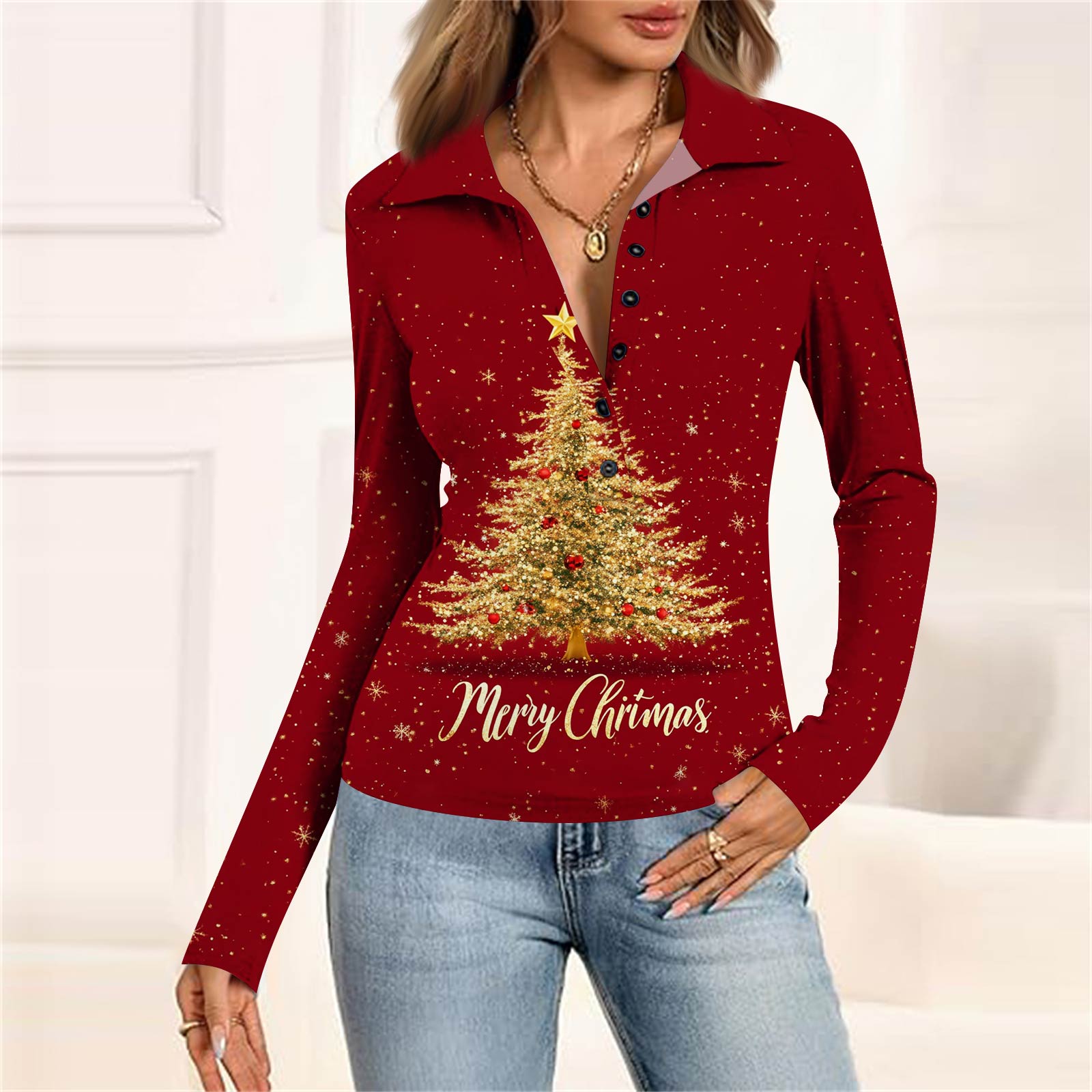 Женская мода Повседневный принт V-образный вырез Длинный рукав Застегивающаяся на пуговицы блузка S золотой
Женская мода Повседневный принт V-образный вырез Длинный рукав Застегивающаяся на пуговицы блузка S золотой