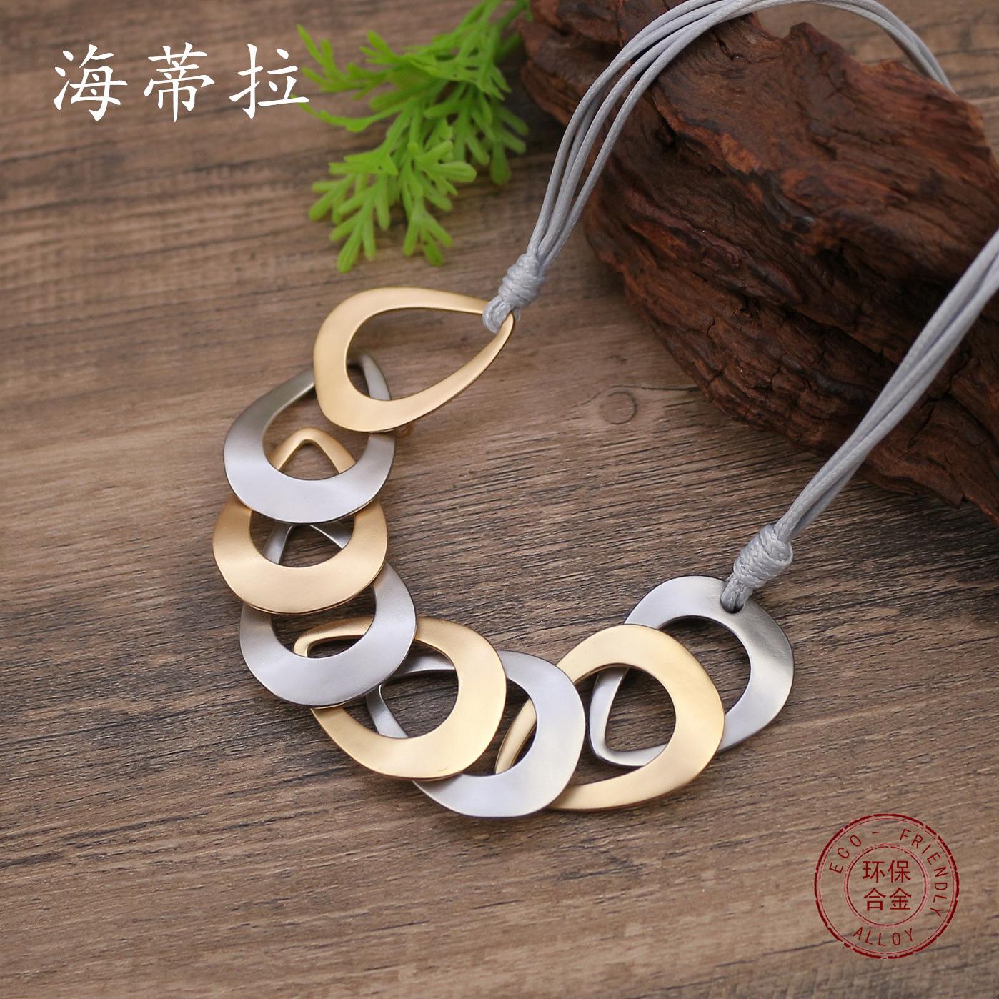 New matte hollow ring metal short necklace, women s exaggerated leather rope woven ring neck chain
New matte hollow ring metal short necklace, women s exaggerated leather rope woven ring neck chain