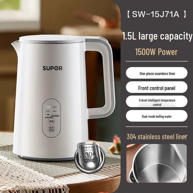 Supor 1.5L Smart Electric Kettle: Temperature Display, Stainless Steel, Multi-functional, Keep Warm Feature.
Supor 1.5L Smart Electric Kettle: Temperature Display, Stainless Steel, Multi-functional, Keep Warm Feature.