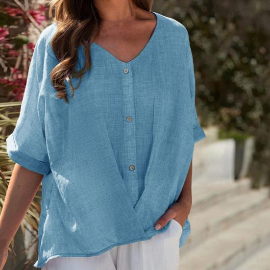 Летняя повседневная рубашка свободного покроя с v-образным вырезом и коротким рукавом, декор на пуговицах, однотонный дышащий женский топ S серый
Летняя повседневная рубашка свободного покроя с v-образным вырезом и коротким рукавом, декор на пуговицах, однотонный дышащий женский топ S серый