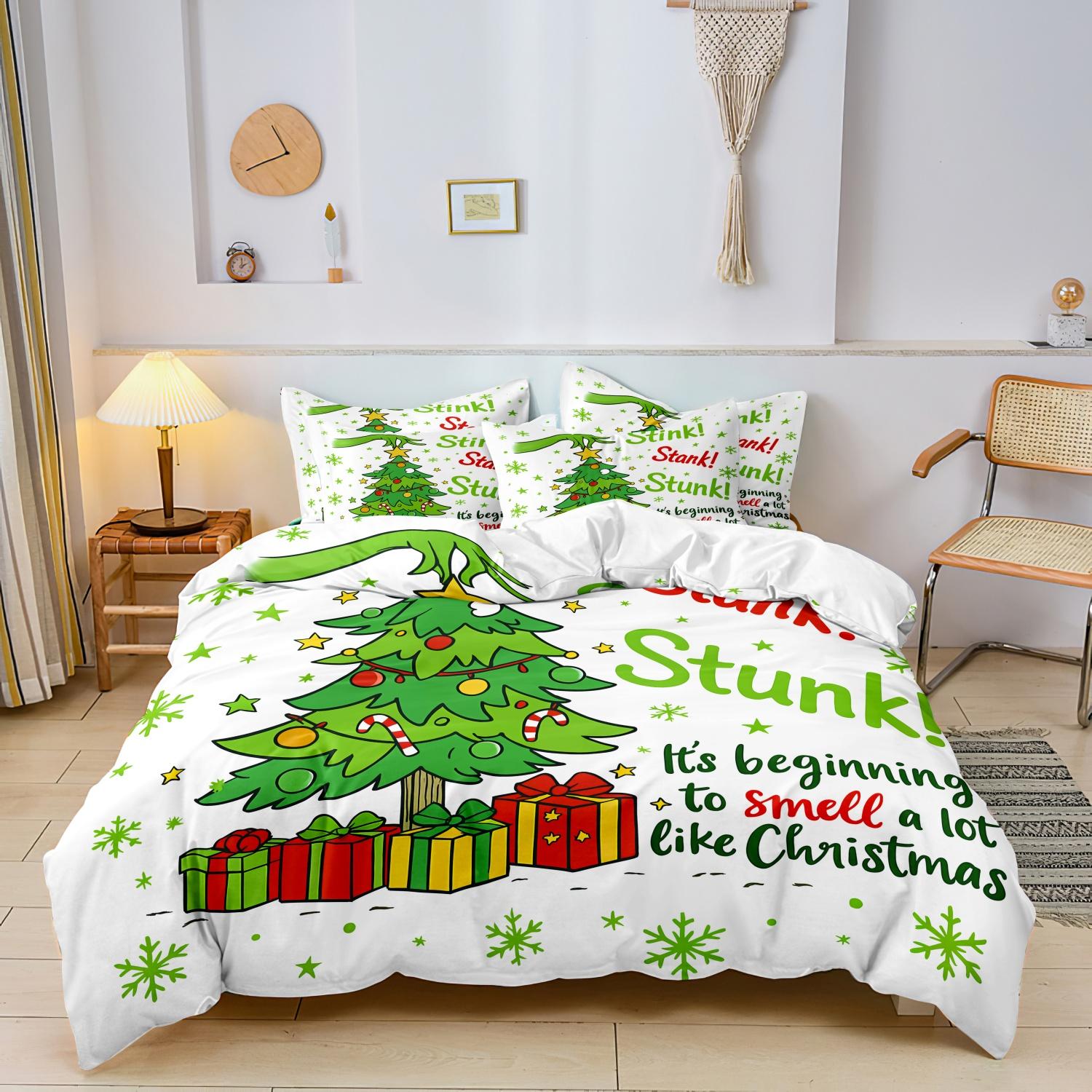 3pcs Christmas Tree & Snowflake Duvet Cover Set - Festive Holiday Bedding With Stink! Stank! Text Print, Green & Red Design -135x200cm&set
3pcs Christmas Tree & Snowflake Duvet Cover Set - Festive Holiday Bedding With Stink! Stank! Text Print, Green & Red Design -135x200cm&set