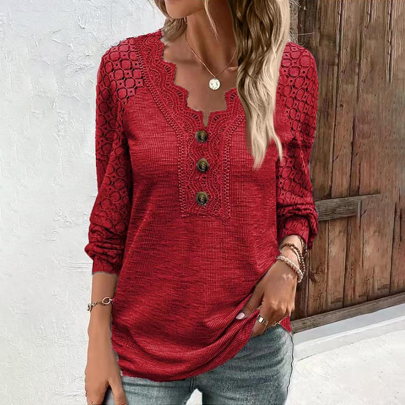 Женская модная повседневная однотонная футболка с V-образным вырезом на груди и пуговицами, кружевная футболка с длинным рукавом L красный
Женская модная повседневная однотонная футболка с V-образным вырезом на груди и пуговицами, кружевная футболка с длинным рукавом L красный