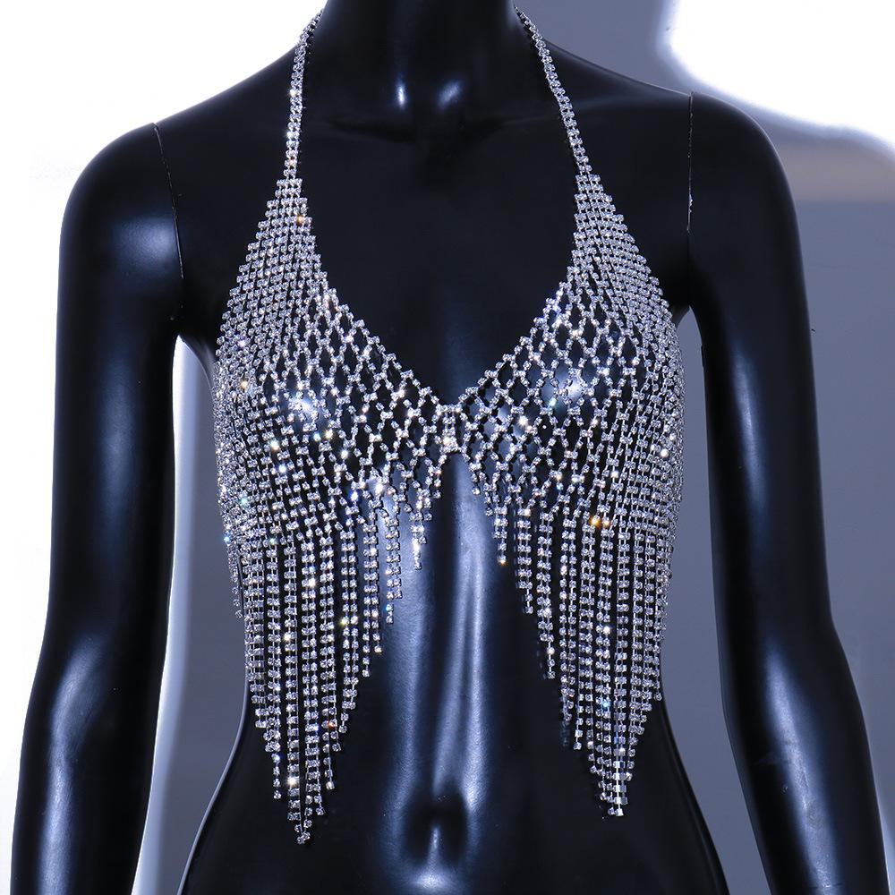 Cheap Mesh Rhinestone Tassel Bra Chain Bikini Body Accessories Festival