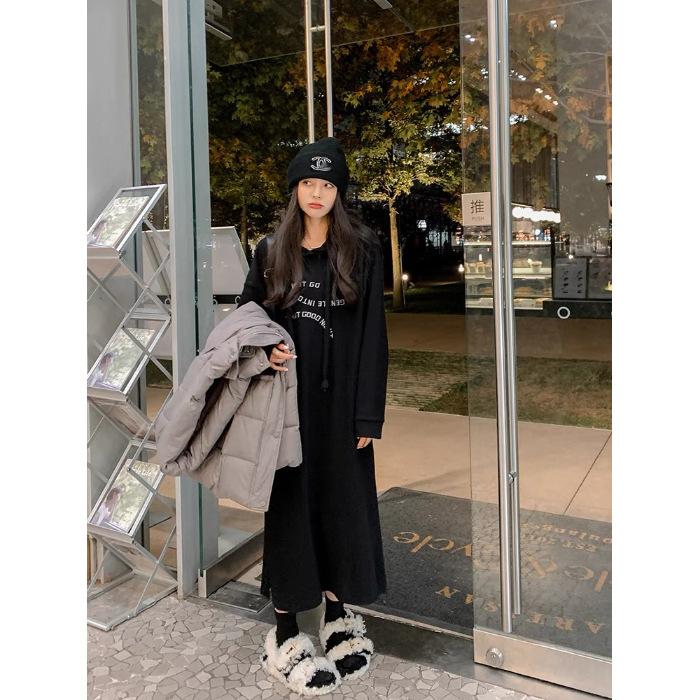 YYFS Женская мода Осень Зима Длинный рукав Круглый вырез Свободная талия Повседневные платья Size: One Size чёрный