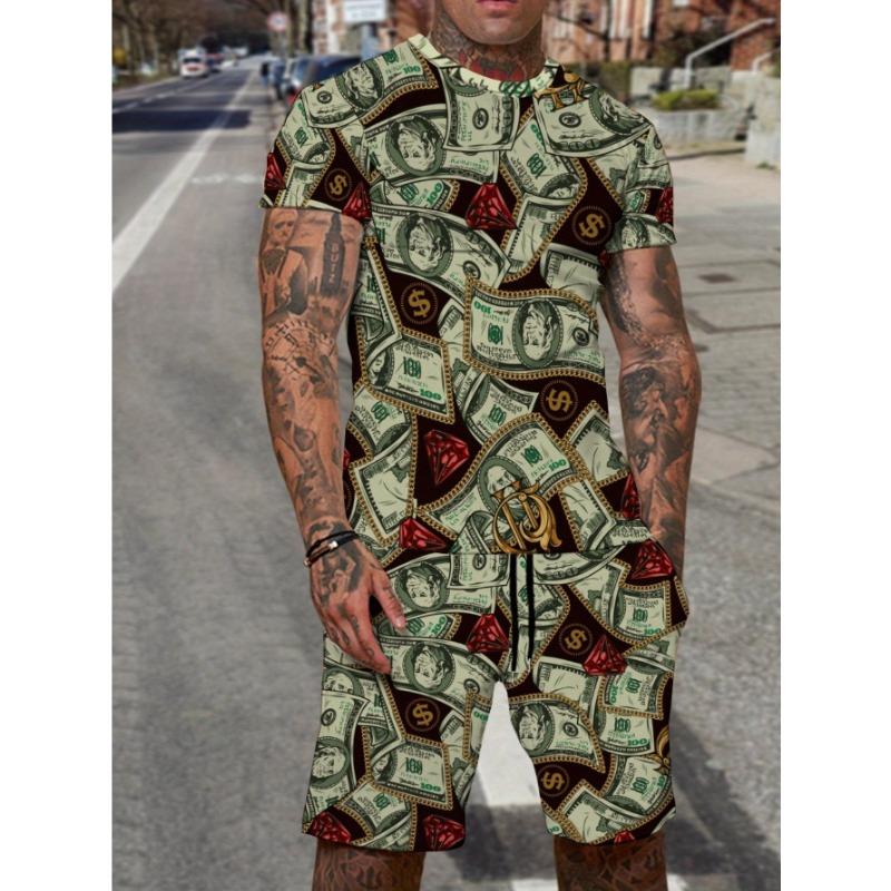 2Pcs Trendy Dollar Notes Pattern Outfits For Men, Casual Crew Neck Short Sleeve T-shirt And Shorts Set For Summer, Men s Clothing Vacation Workout S
2Pcs Trendy Dollar Notes Pattern Outfits For Men, Casual Crew Neck Short Sleeve T-shirt And Shorts Set For Summer, Men s Clothing Vacation Workout S