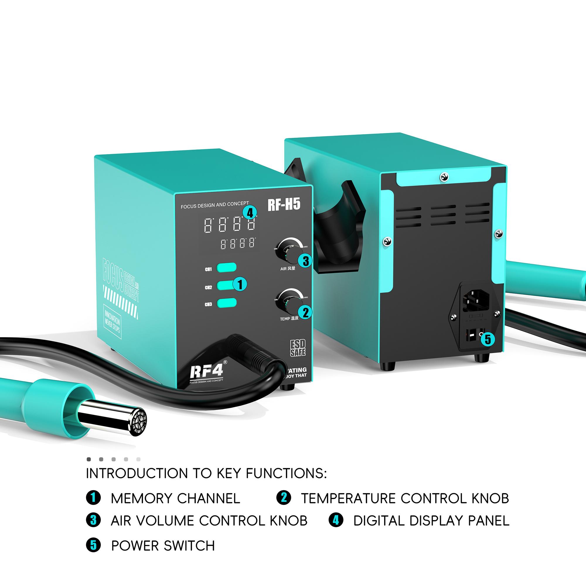 RF4 RF-H5 800W BGA Rework Solder Station Soldering Heat Air Gun with 5 Nozzles Type A
RF4 RF-H5 800W BGA Rework Solder Station Soldering Heat Air Gun with 5 Nozzles Type A