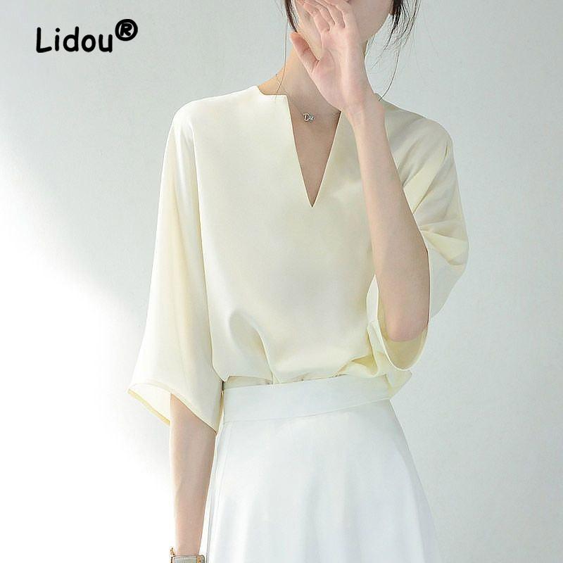 Классическая однотонная офисная блузка свободного кроя для женщин, новая летняя с V-образным вырезом, универсальная, с рукавом до локтя, шифоновый пуловер, удобная рубашка 2023 XL белый