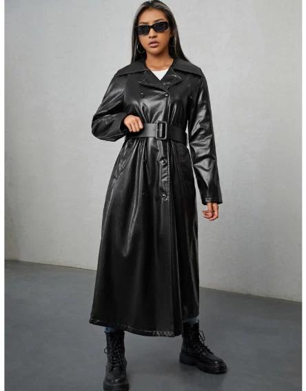 Пальто тренч женское стильное черное из натуральной кожи ягненка ручной работы для вечеринок 3XL чёрный