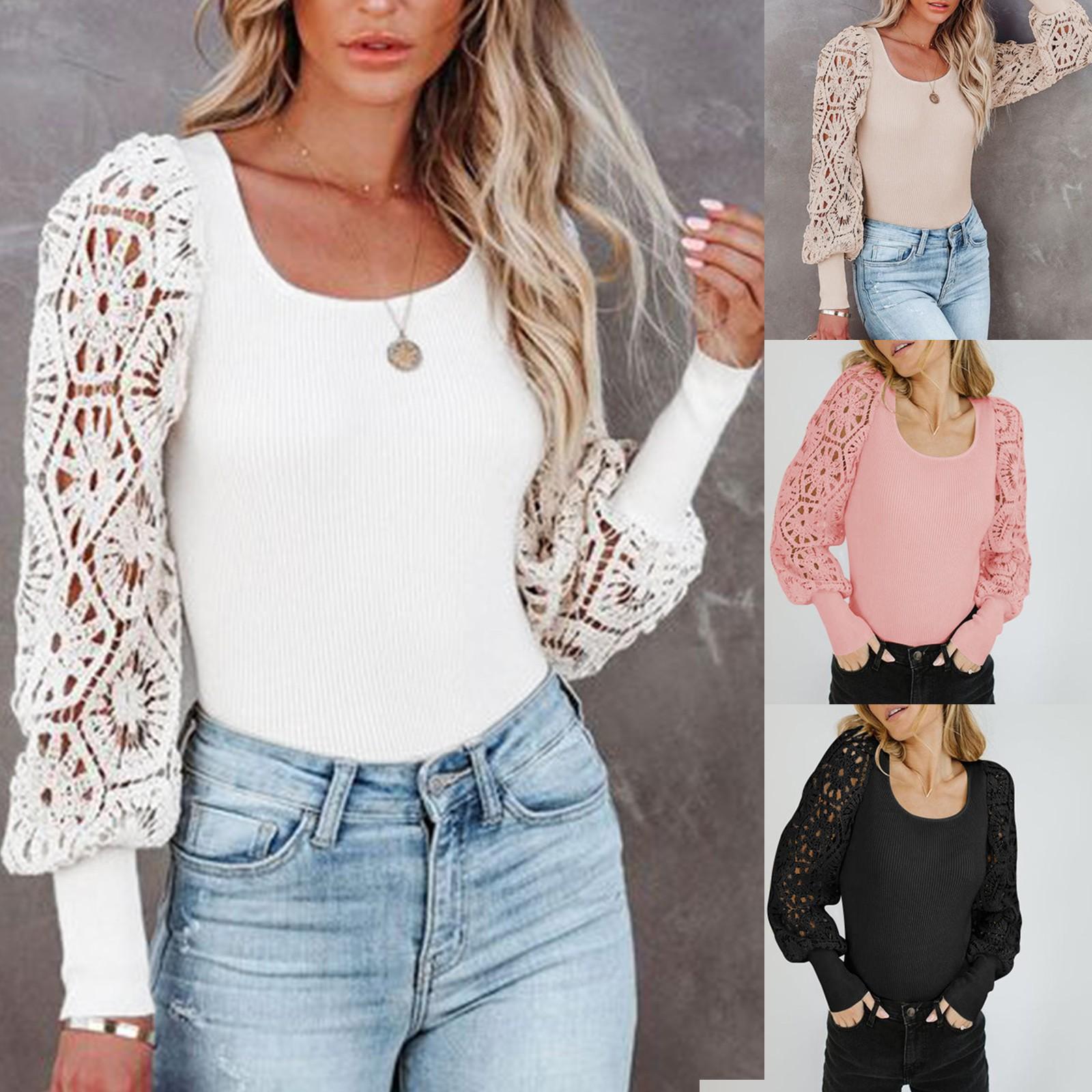 Женская кружевная футболка с длинным рукавом и круглым вырезом, модный пуловер в рубчик
Женская кружевная футболка с длинным рукавом и круглым вырезом, модный пуловер в рубчик