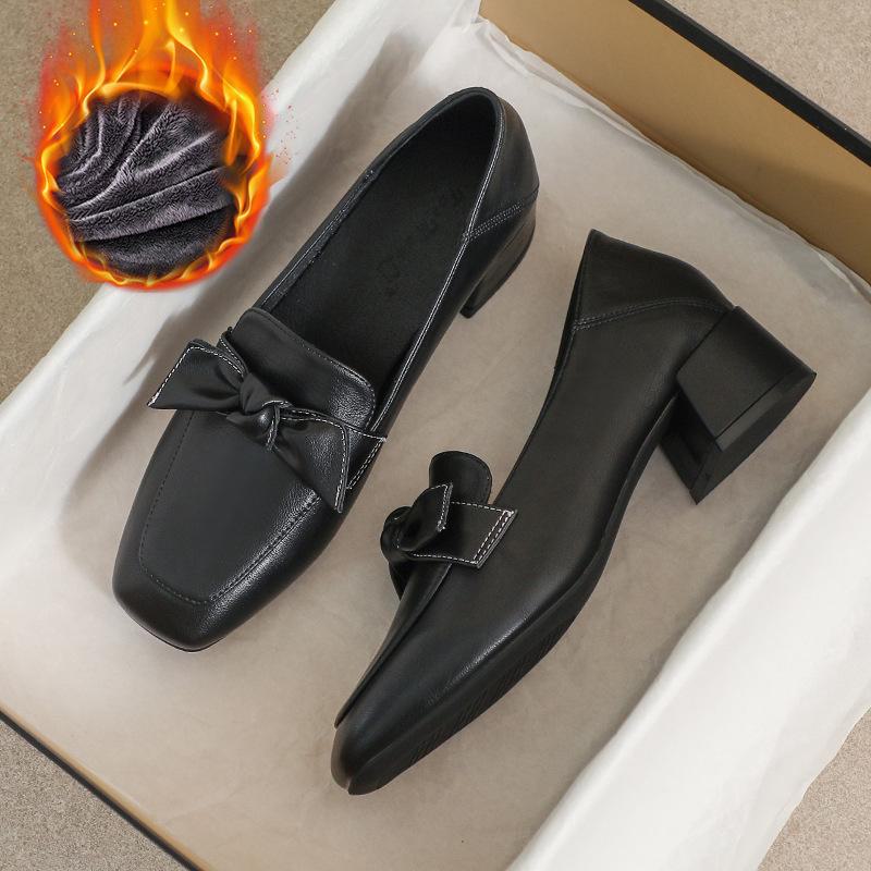Женские черные лоферы из натуральной кожи в британском стиле — мягкая подошва, средний каблук, удобные для работы, осенняя коллекция 2024 г. plus velvet, 39 чёрный