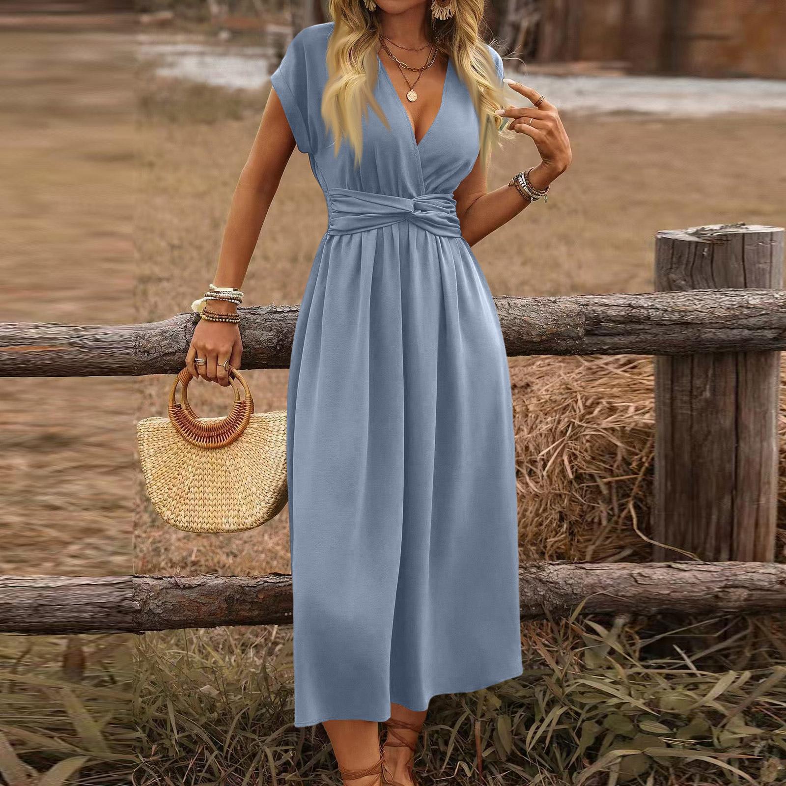 Women’s Short Sleeve V Neck Maxi Dress with High Waist Pleated Design Casual Loose Fit Summer Dress XL небо синє кольору
Women’s Short Sleeve V Neck Maxi Dress with High Waist Pleated Design Casual Loose Fit Summer Dress XL небо синє кольору