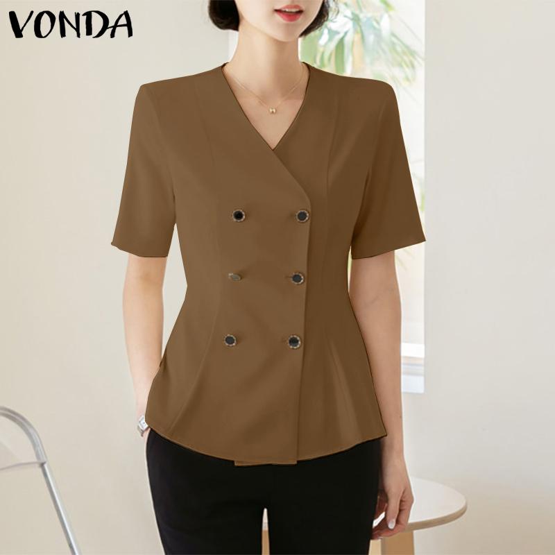VONDA Женская однотонная рубашка с v-образным вырезом и короткими рукавами с двойными пуговицами
VONDA Женская однотонная рубашка с v-образным вырезом и короткими рукавами с двойными пуговицами