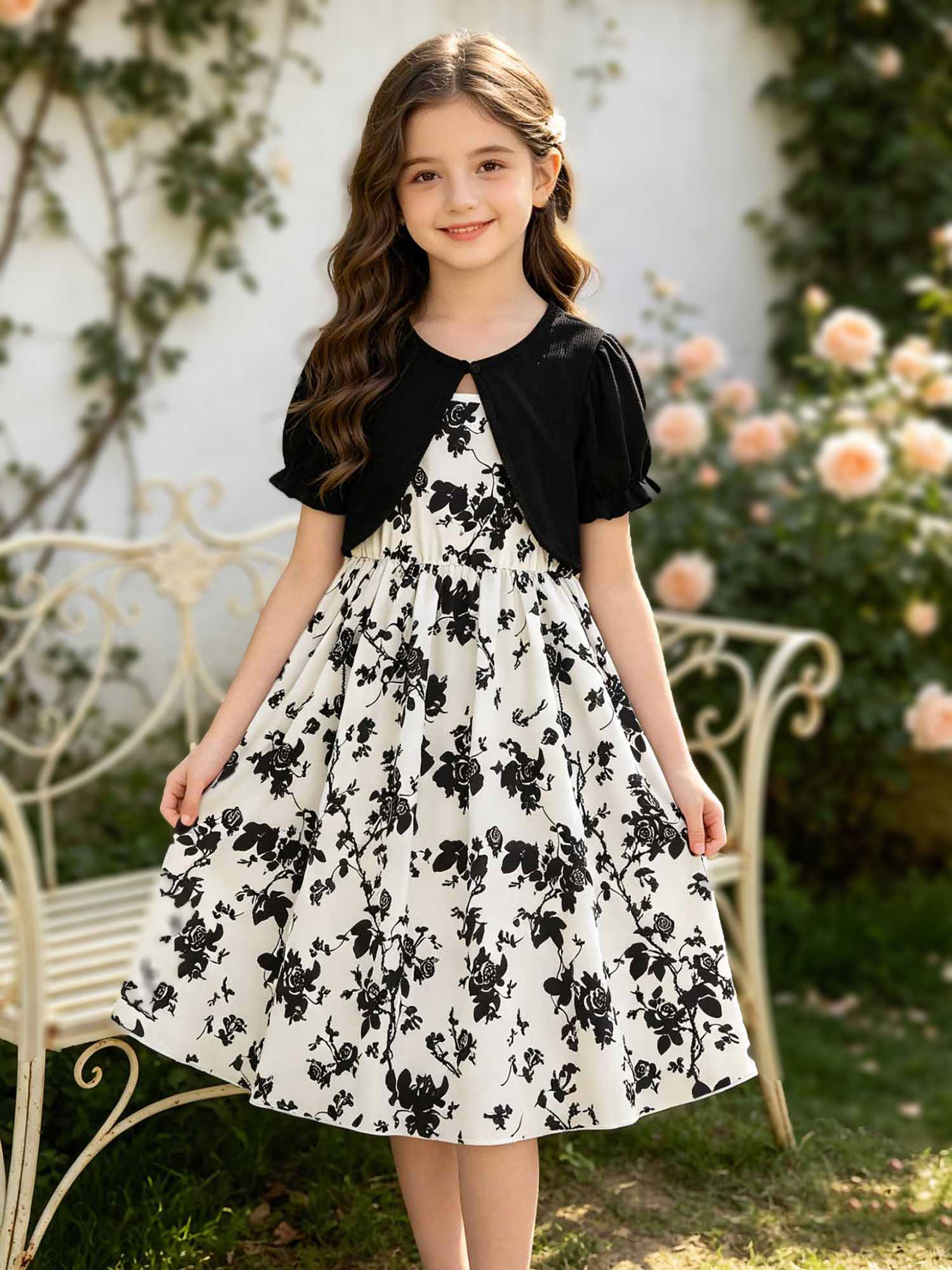 2 Pcs Girls Floral Print Dress with Short Sleeve Shawl, Black White Rose Casual Summer Outfit for Kids 4-12Y 4-5Y чёрный
2 Pcs Girls Floral Print Dress with Short Sleeve Shawl, Black White Rose Casual Summer Outfit for Kids 4-12Y 4-5Y чёрный