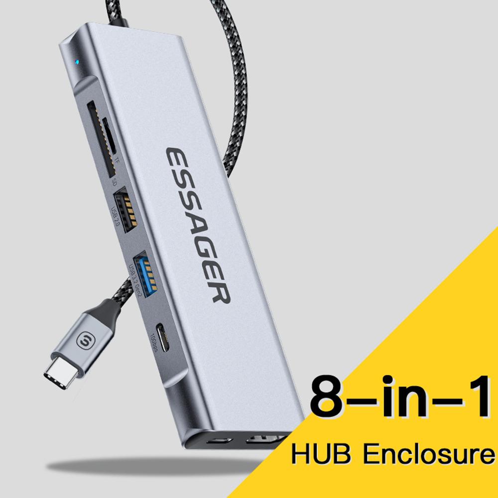 ESSAGER 8-In-1 Type-C Hub to HD 4K Output,PD 100W Port,10Gbps Type-C,USB 3.2,USB 2.0,2 Card Reader Slots and SSD Slot As Shown A
ESSAGER 8-In-1 Type-C Hub to HD 4K Output,PD 100W Port,10Gbps Type-C,USB 3.2,USB 2.0,2 Card Reader Slots and SSD Slot As Shown A