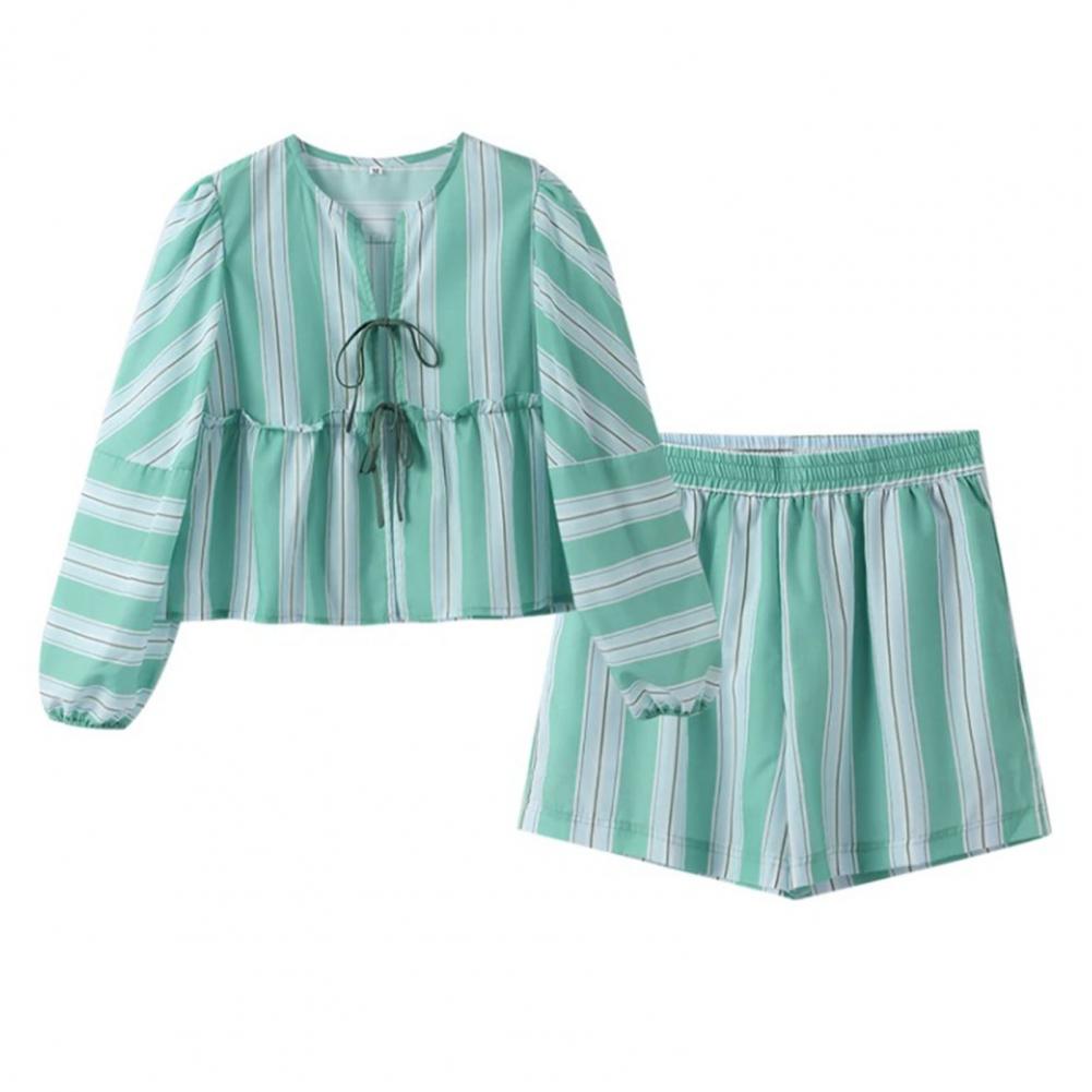 2 шт./комплект женский топ шорты комплект полосатый принт шнуровка бант оборка длинные рукава-фонарики плиссированная ажурная блузка эластичная высокая талия S светло-зеленый
2 шт./комплект женский топ шорты комплект полосатый принт шнуровка бант оборка длинные рукава-фонарики плиссированная ажурная блузка эластичная высокая талия S светло-зеленый