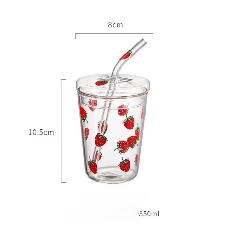 Кавайная клубничная стеклянная кружка с крышкой для кофе, молока, прозрачная стеклянная чашка для воды, сока, смузи, холодных напитков, с соломинкой, термостойкая чашка-соломинка 301-400ml