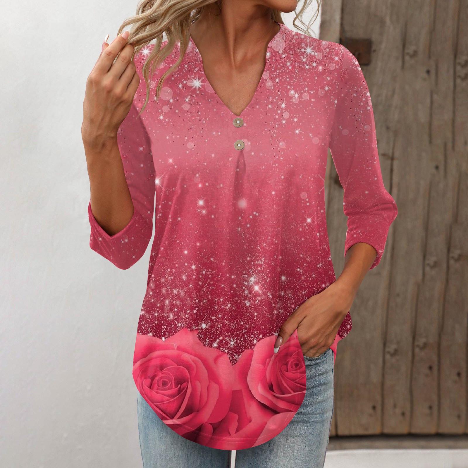 Женские топы на пуговицах с v-образным вырезом Женские топы с рукавами 4/3 Неровный низ Топы с рукавами 4/3 Повседневные повседневные топы Модные топы с рукавами 4/3 Футболки L розовый