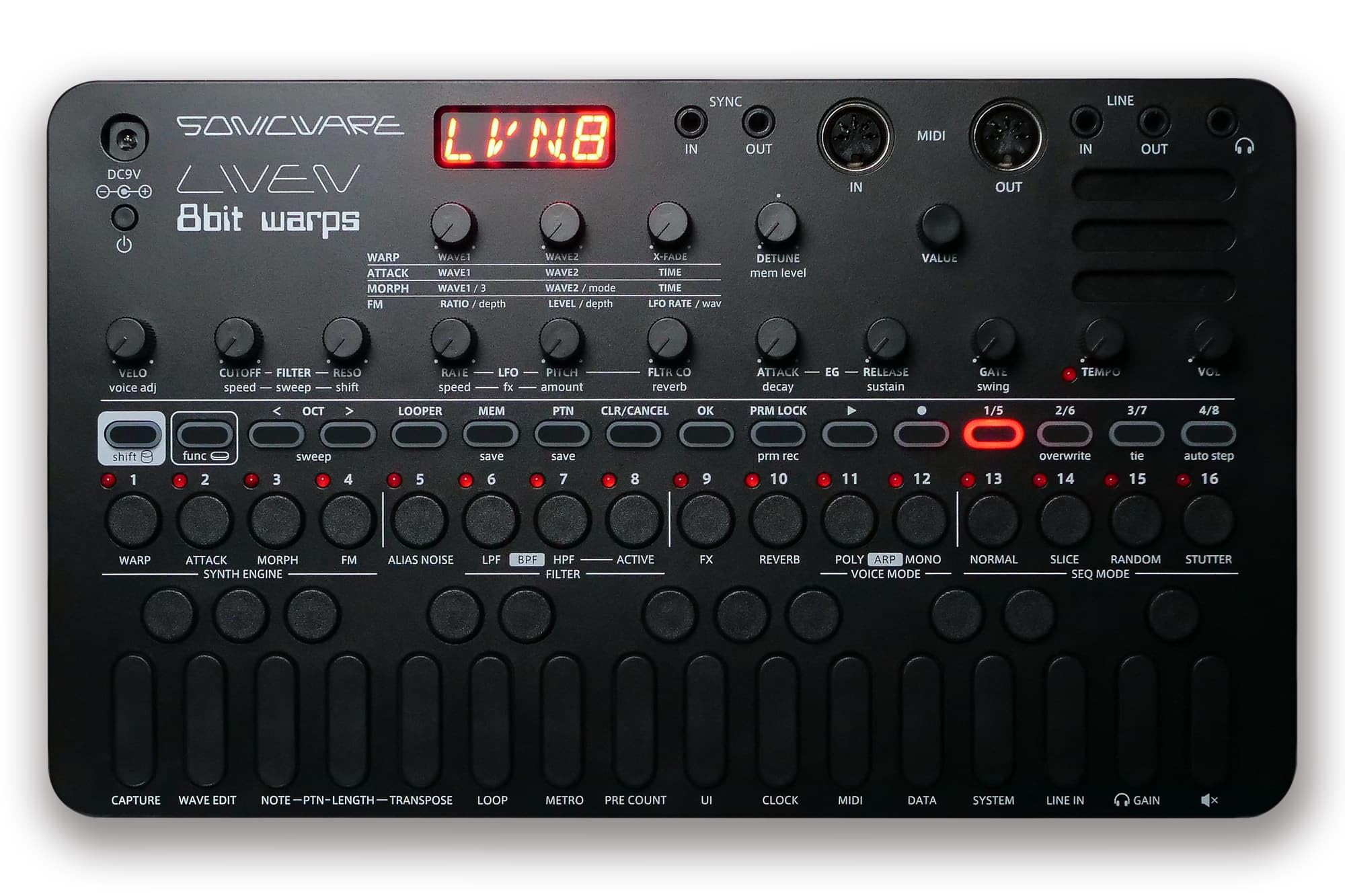 SONICWARE LIVEN 8bit warps All Black Limited Edition synthesizer 8bit waveform memory synth for everything from chiptune to step sequencer 4 track 6 чёрный
SONICWARE LIVEN 8bit warps All Black Limited Edition synthesizer 8bit waveform memory synth for everything from chiptune to step sequencer 4 track 6 чёрный
