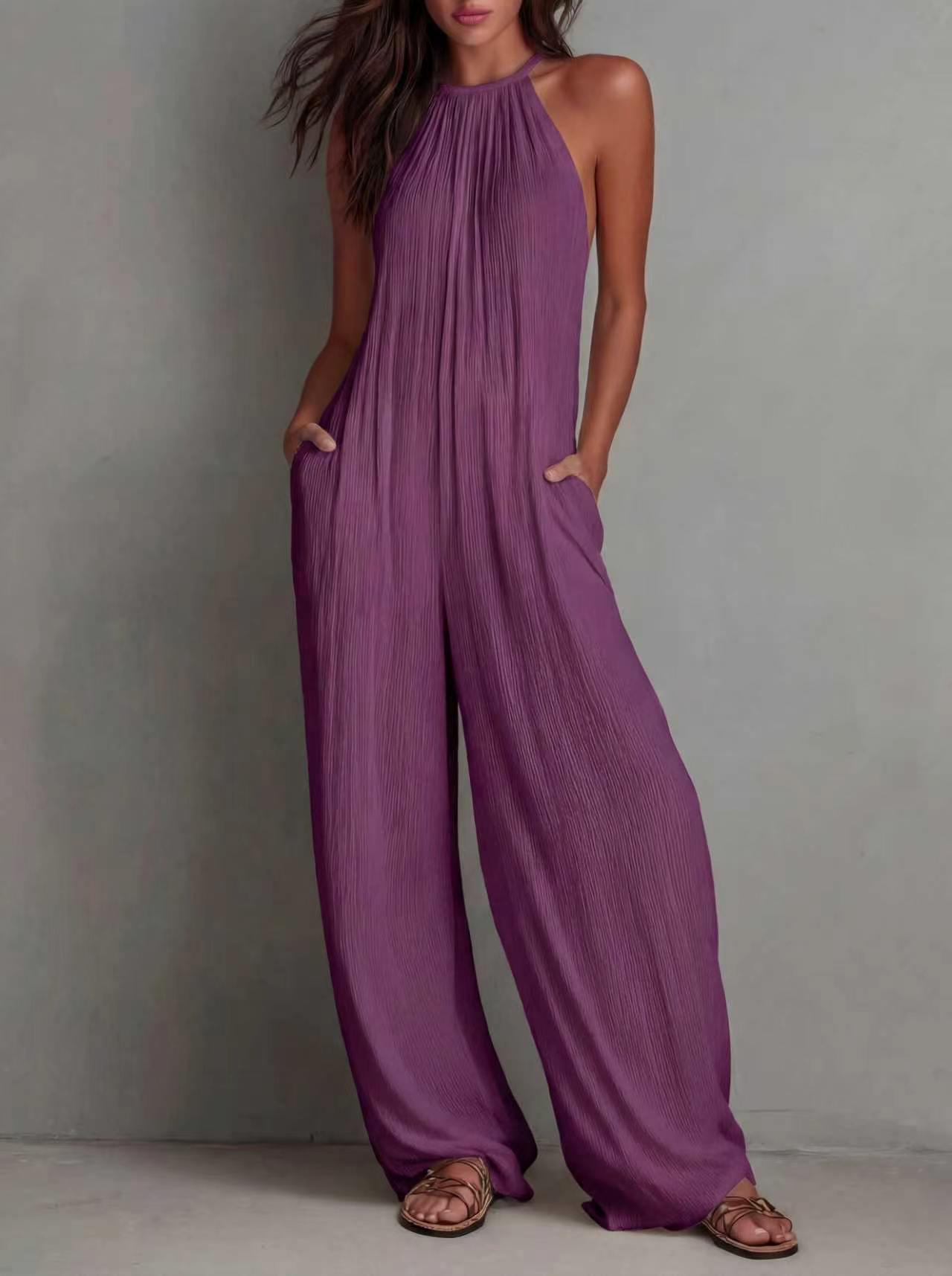 European and American Resort Style White Backless Pleated Wide-leg Jumpsuit for Women M
European and American Resort Style White Backless Pleated Wide-leg Jumpsuit for Women M