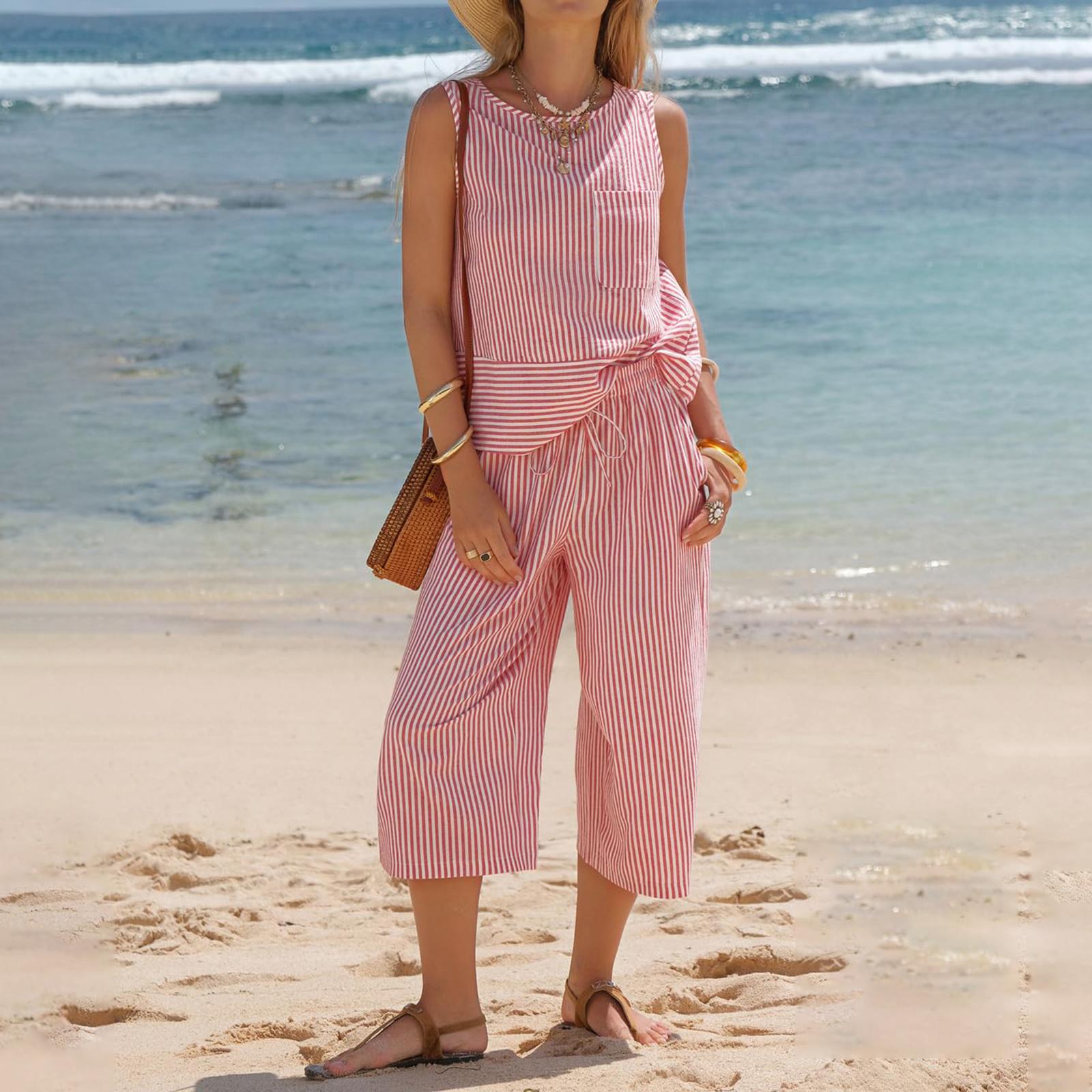 Жіночі комплекти з 2 предметів: смугастий топ без рукавів та штани з широкими штанинами XL червоний
Жіночі комплекти з 2 предметів: смугастий топ без рукавів та штани з широкими штанинами XL червоний