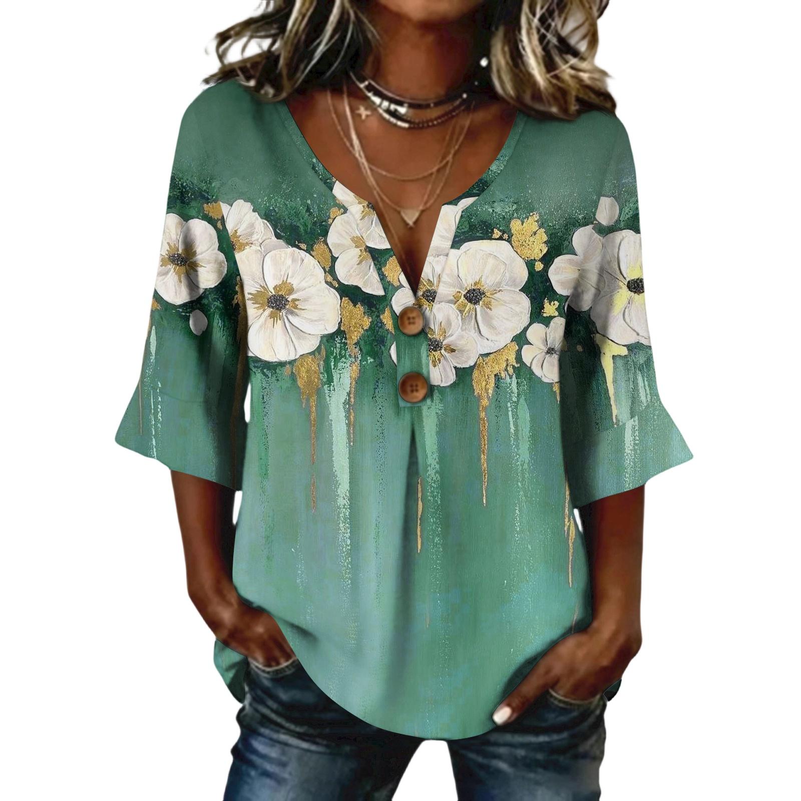 Ladies floral print button casual V-neck fashionable seven quarter sleeve top XL
Ladies floral print button casual V-neck fashionable seven quarter sleeve top XL