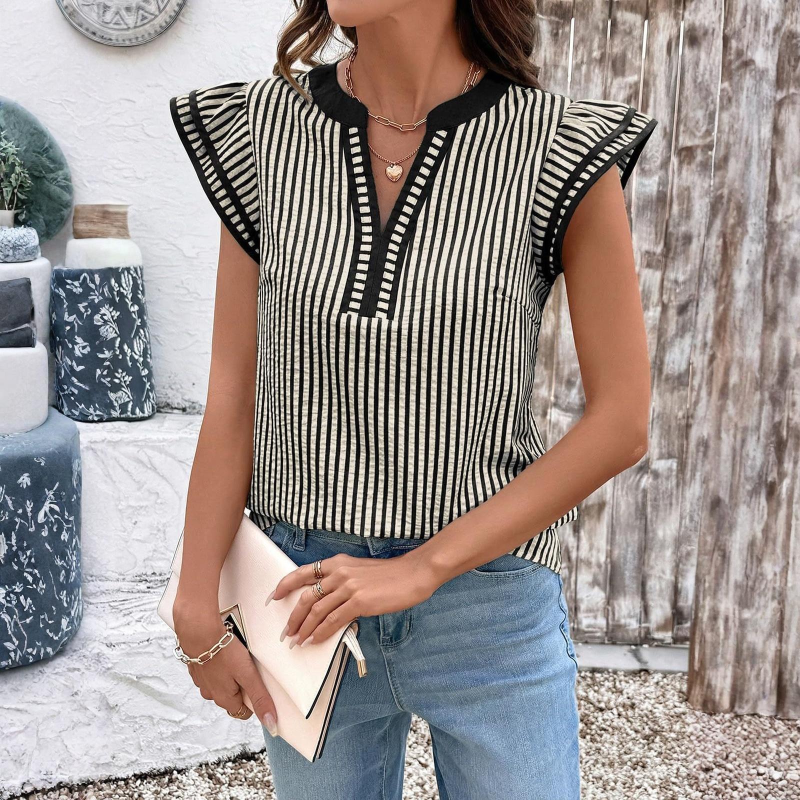 Ladies Casual And Fashionable Blocked V-neck Striped Flying Sleeve Shirt Top S чорний
Ladies Casual And Fashionable Blocked V-neck Striped Flying Sleeve Shirt Top S чорний