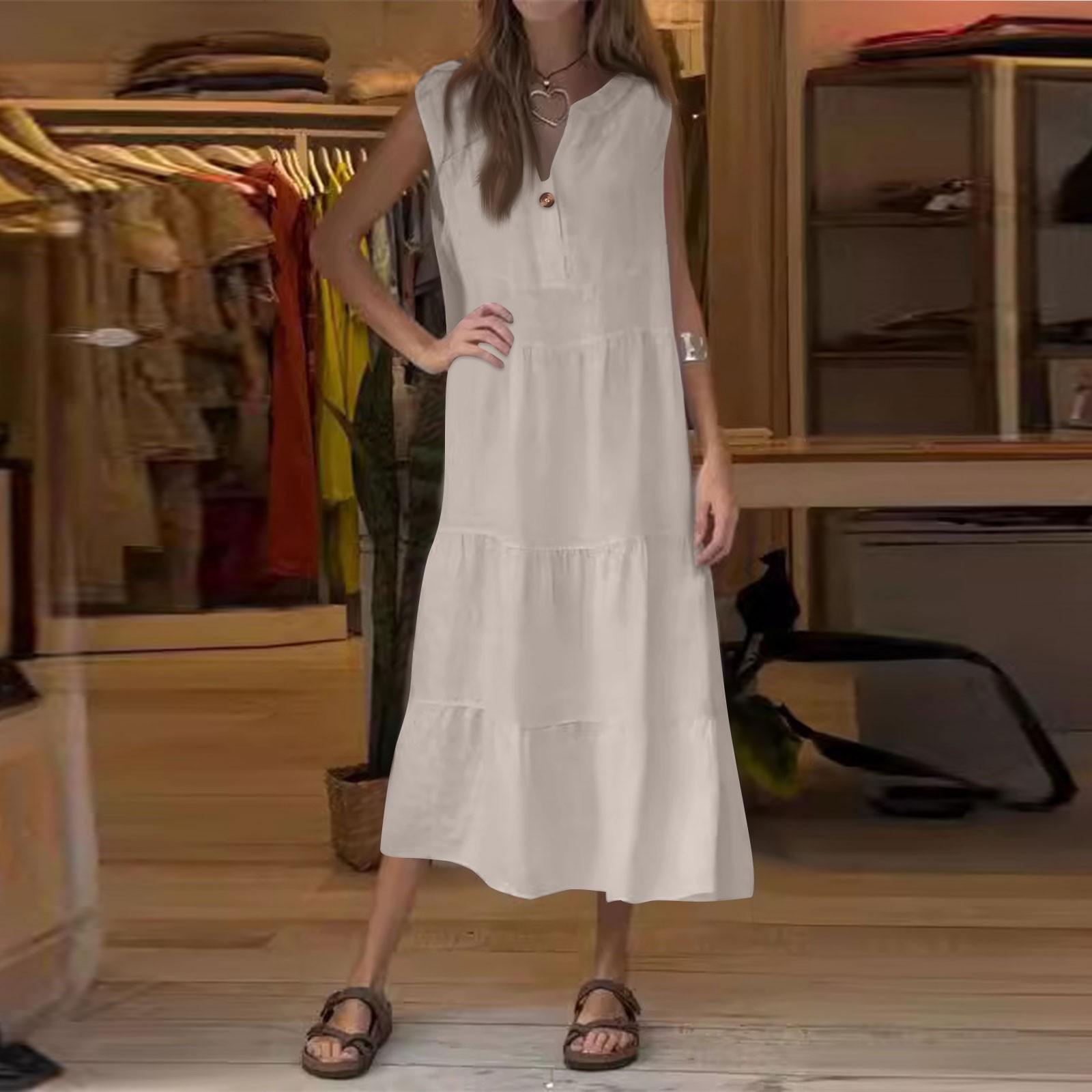 Женская мода без рукавов плиссированное хлопковое льняное платье-жилет на пуговицах M хаки