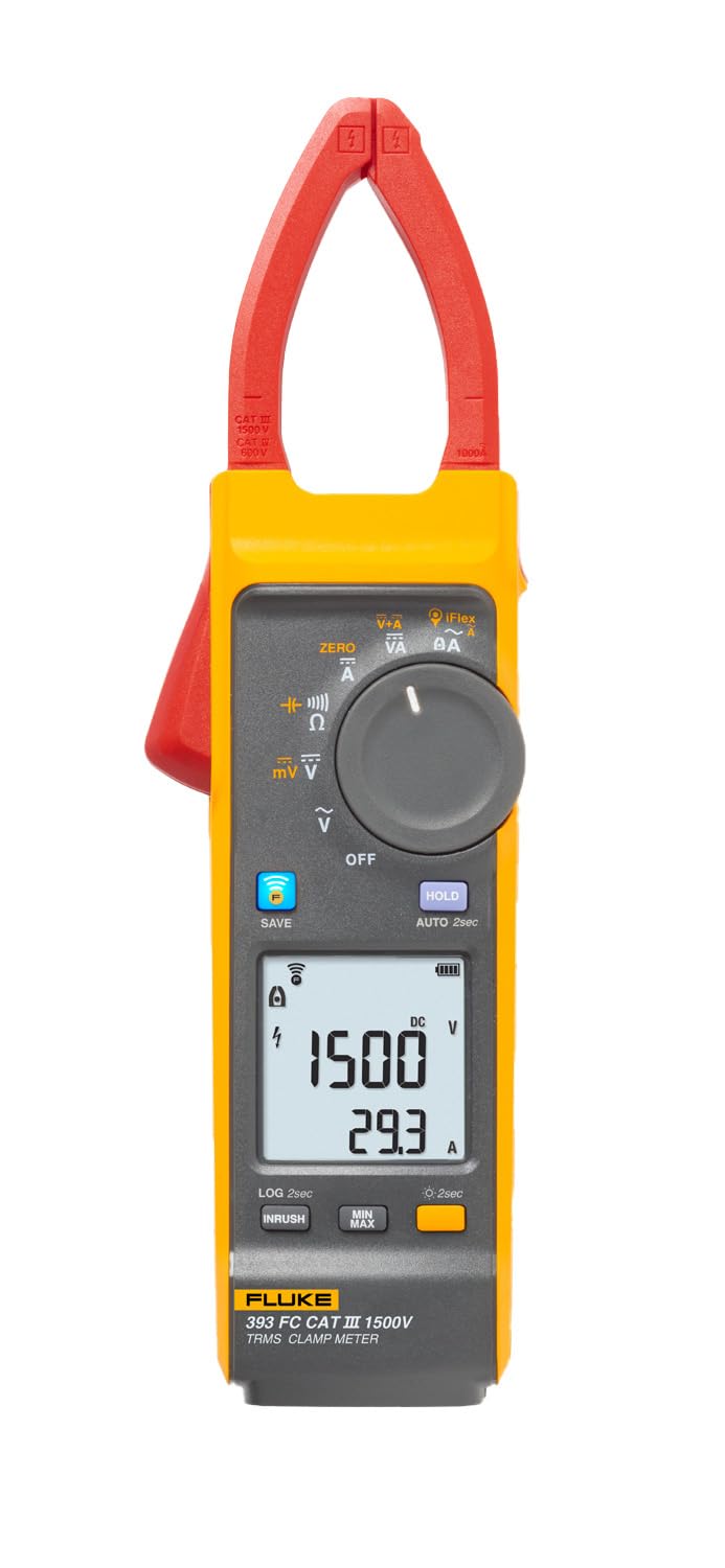 Fluke 393 FC Solar Clamp Meter, CAT III 1500 V, IP54-Rated, DC Power Measurements, Audio Polarity Indicator, Visual Continuity, Fluke Connect Software
Fluke 393 FC Solar Clamp Meter, CAT III 1500 V, IP54-Rated, DC Power Measurements, Audio Polarity Indicator, Visual Continuity, Fluke Connect Software