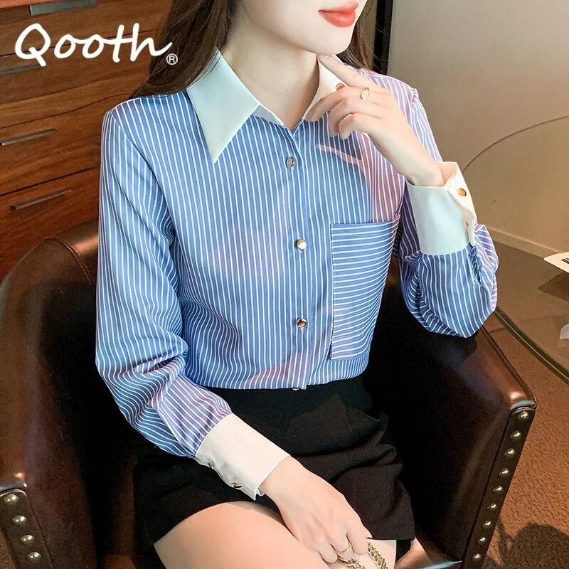 Женская офисная блузка Qooth с отложным воротником в полоску, элегантная синяя блузка с длинным рукавом QT2275
Женская офисная блузка Qooth с отложным воротником в полоску, элегантная синяя блузка с длинным рукавом QT2275