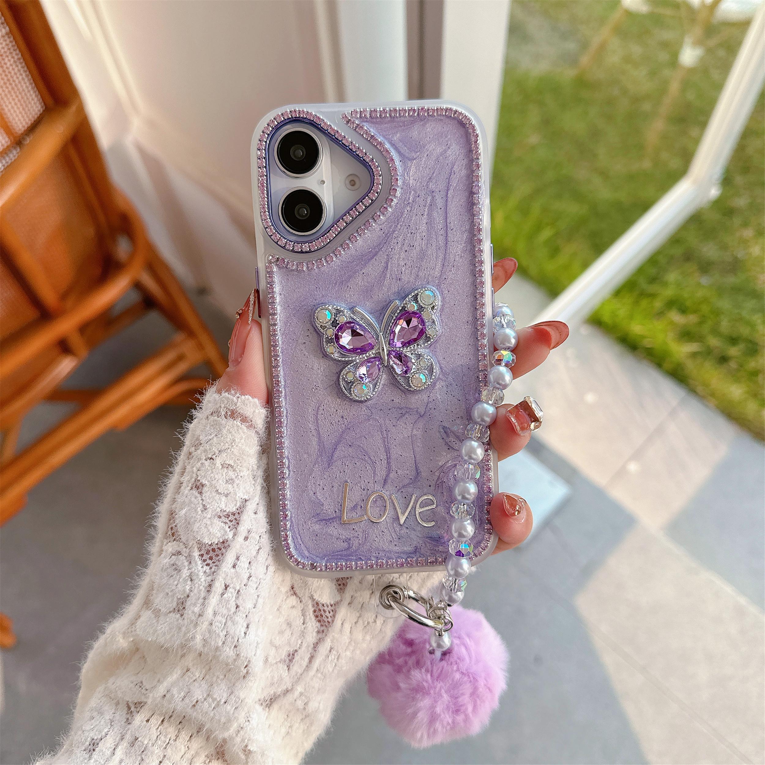 For iPhone 16 Case with Plush Ball Strap Rhinestone Decor Butterfly Design TPU+PC Phone Back Cover Purple
For iPhone 16 Case with Plush Ball Strap Rhinestone Decor Butterfly Design TPU+PC Phone Back Cover Purple