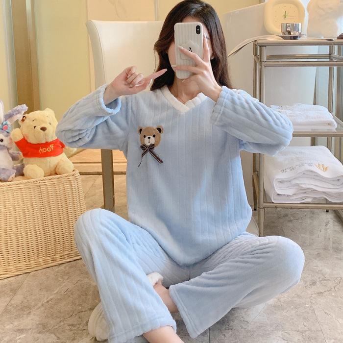 Осенне-зимняя женская теплая пижама, домашний комплект, полотенце для лица, милый медведь, для девочек, для отдыха, для студентов, домашняя теплая пижама, домашний комплект 2XL синий