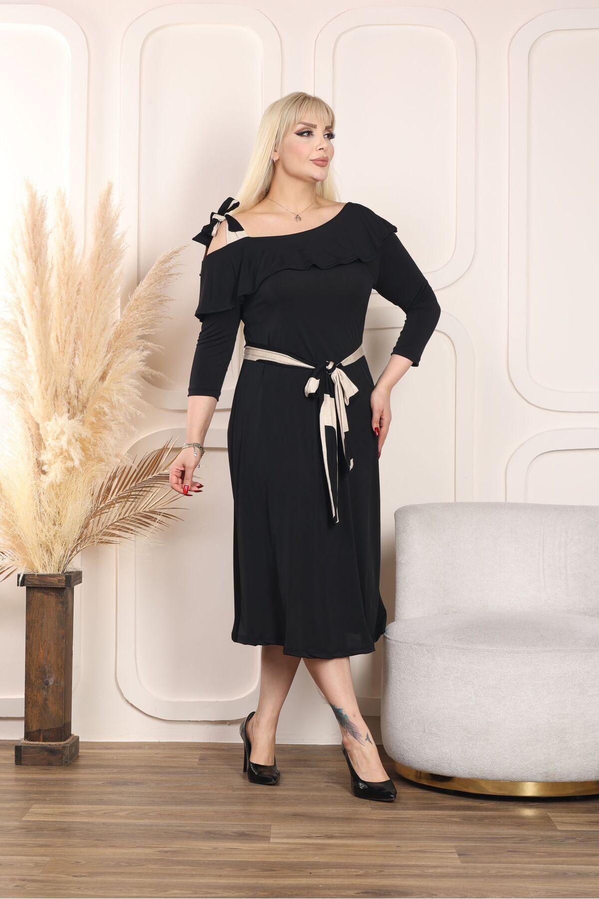 Women s Big Size Dress Plus Size Belted Detailed Shoulder Tie Lycra Dress Black XL/2XL 
Women s Big Size Dress Plus Size Belted Detailed Shoulder Tie Lycra Dress Black XL/2XL
