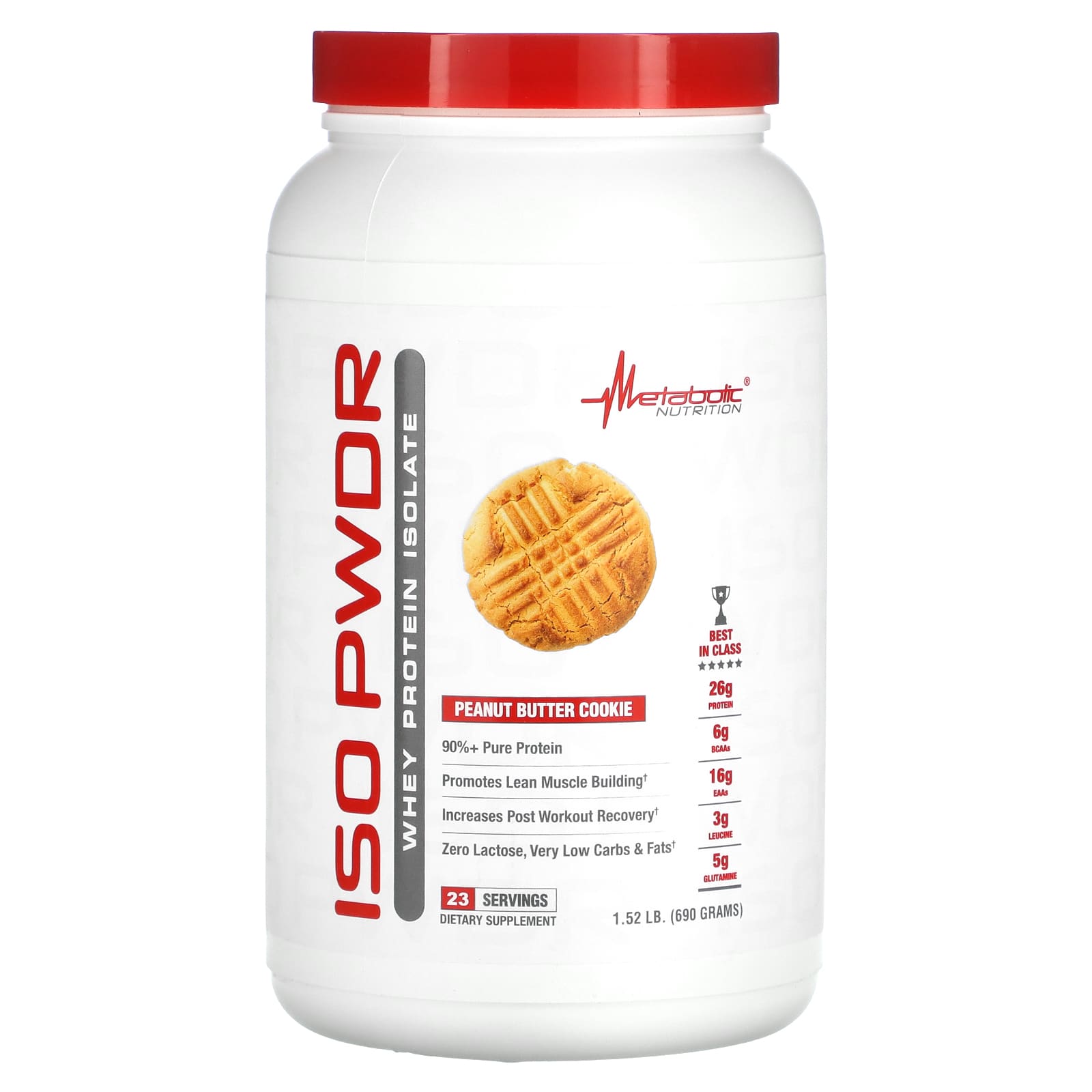 Metabolic Nutrition, ISOpwdr, Whey Protein Isolate, Peanut Butter Cookie, 1.52 lb (690 g)
Metabolic Nutrition, ISOpwdr, Whey Protein Isolate, Peanut Butter Cookie, 1.52 lb (690 g)